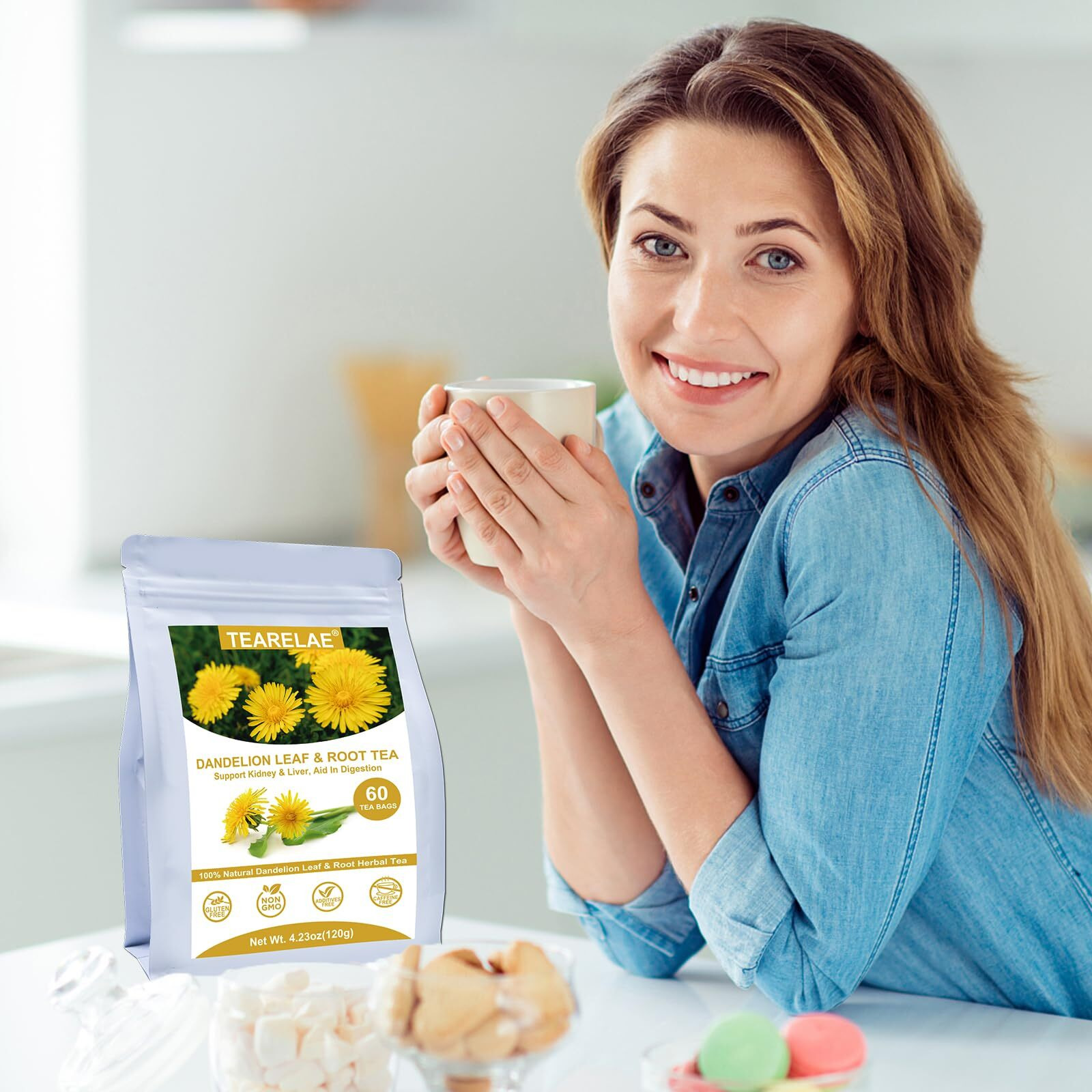 Tearelae - Dandelion Leaf & Root Tea - Premium Dandelion Leaf And Root, 60 Counts Dandelion Tea Bags - Support Kidney, Aid In Digestion - Non-Gmo - Caffeine-Free