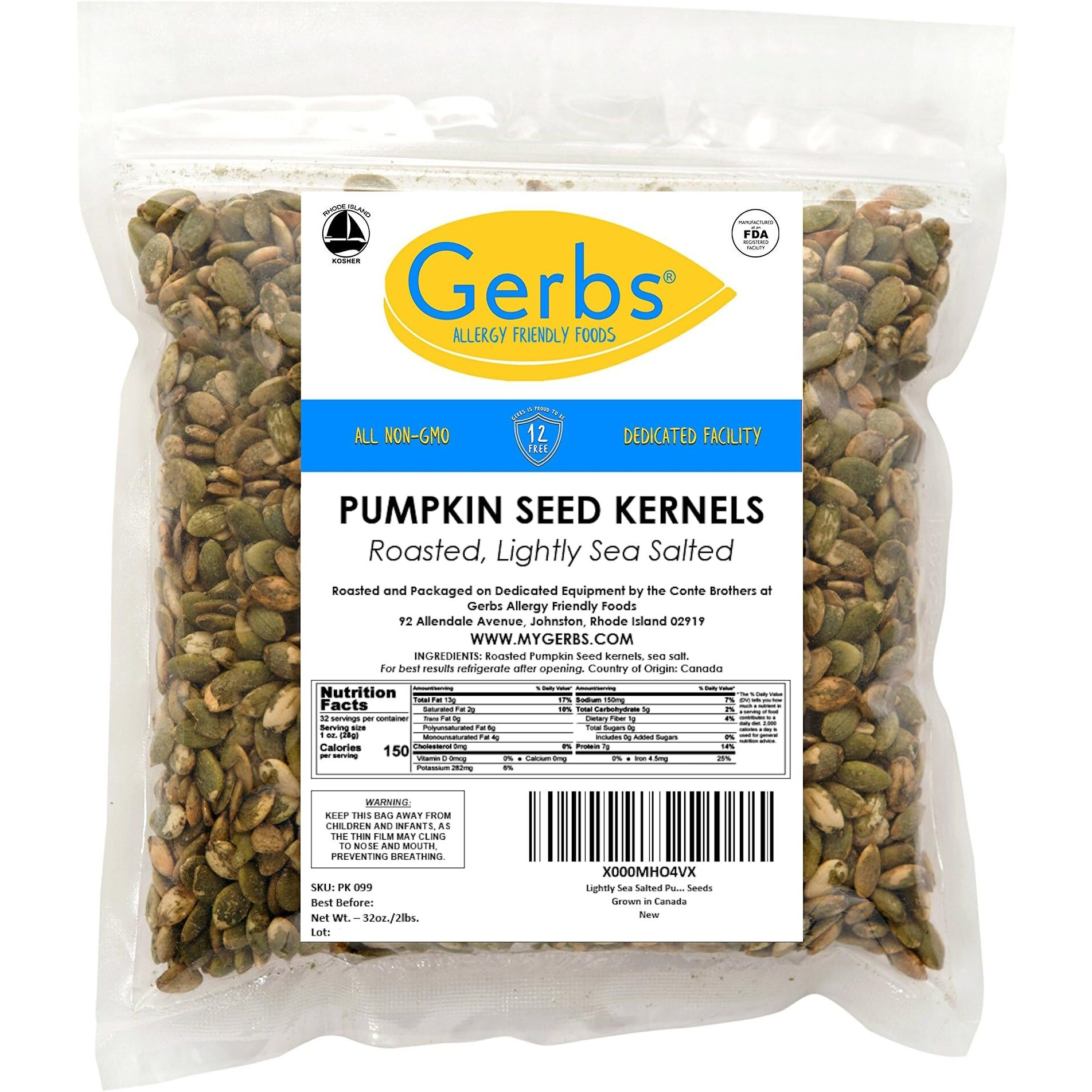 Gerbs Lightly Sea Salted Pumpkin Seed Kernels 2 Lbs|Top 14 Allergy Free Food |Use In Salads, Yogurt, Oatmeal, Trail Mix|Grown In Canada, Packed In Us