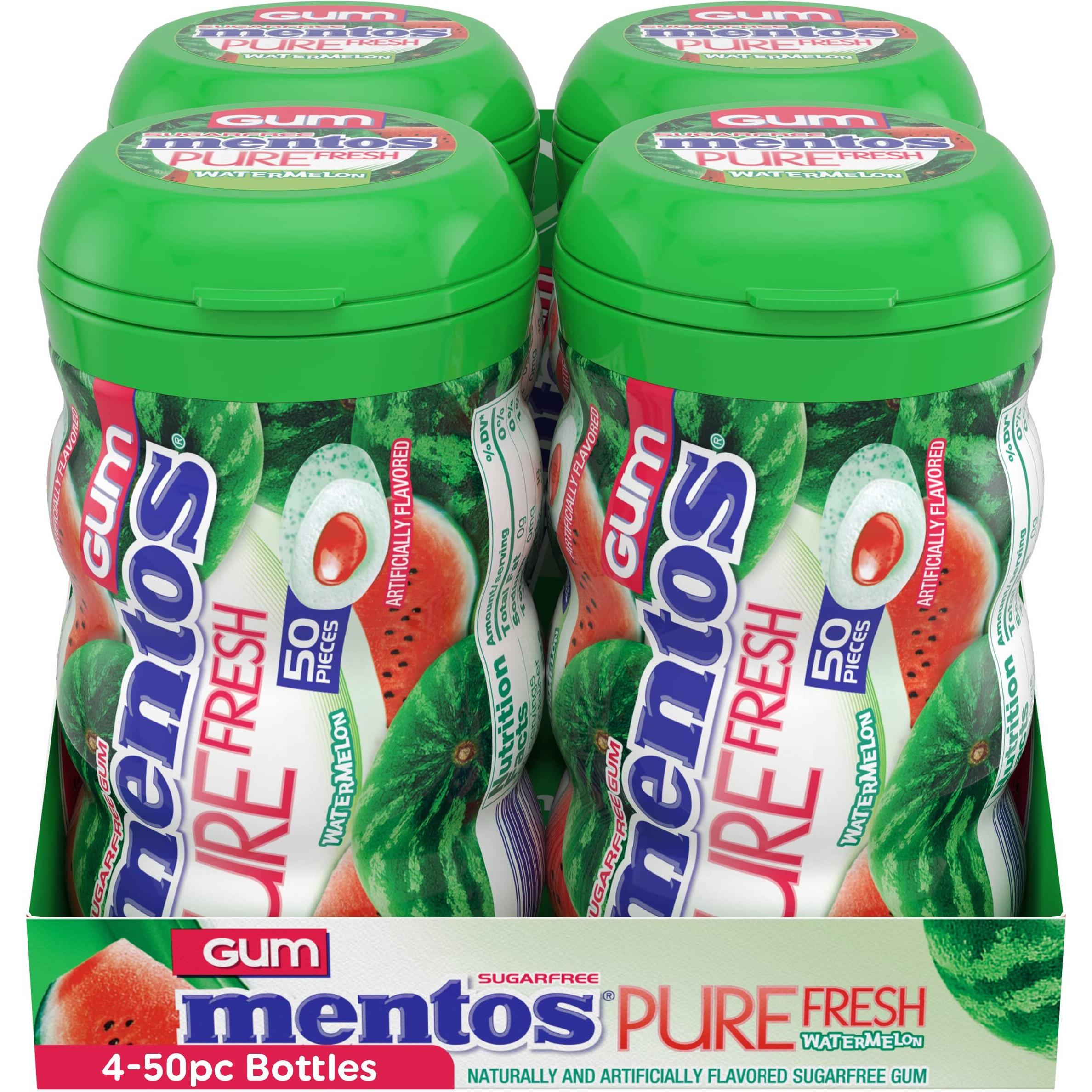 Mentos Pure Fresh Sugarfree Chewing Gum With Xylitol , Candy Bulk, Watermelon, 50Pc Bottle (Pack Of 4)