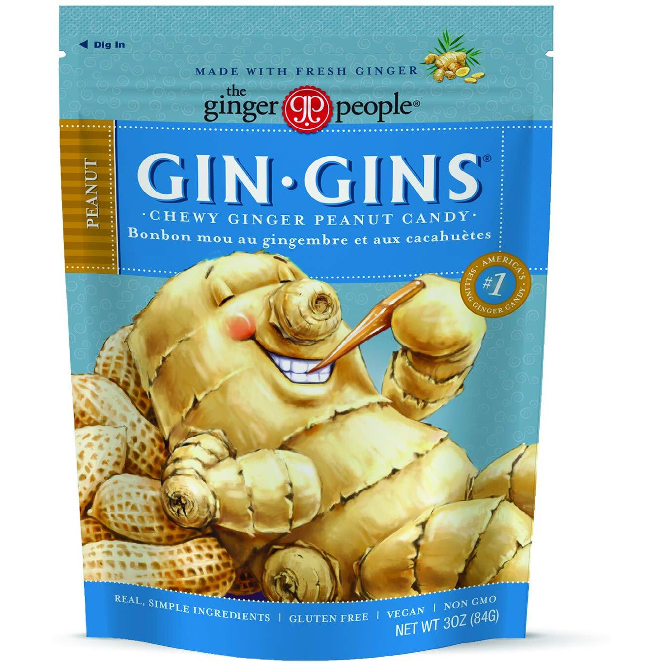 Gin Gins Peanut Ginger Chews - Natural Fresh Ginger Candy By The Ginger People - Individually Wrapped Healthy Candy - Peanut Flavor - 3Oz Bag - Pack Of 12