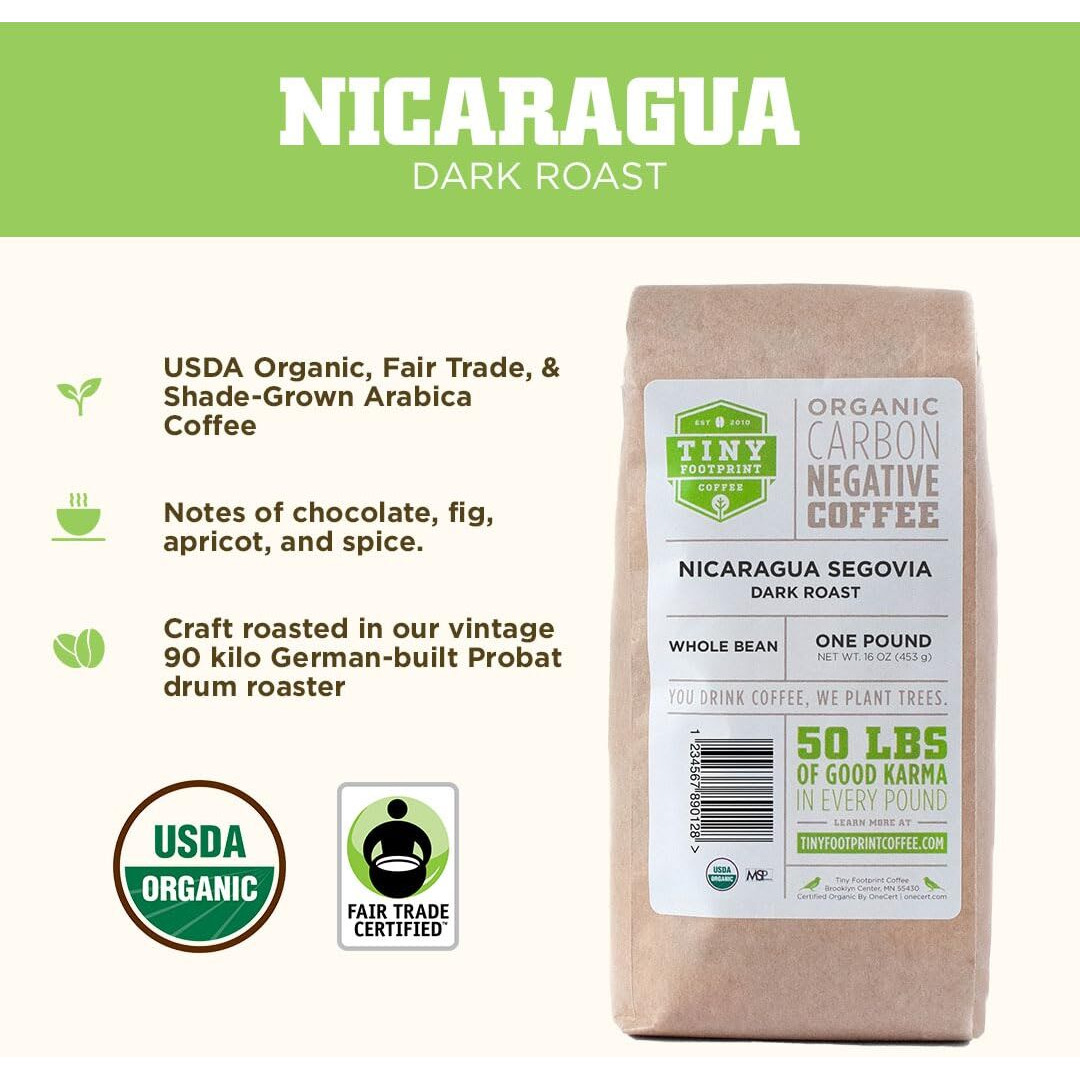 Tiny Footprint Coffee - Fair Trade Organic Nicaragua Segovia Dark Roast |Whole Bean Coffee | Usda Organic | Fair Trade Certified | Carbon Negative | 16 Ounce