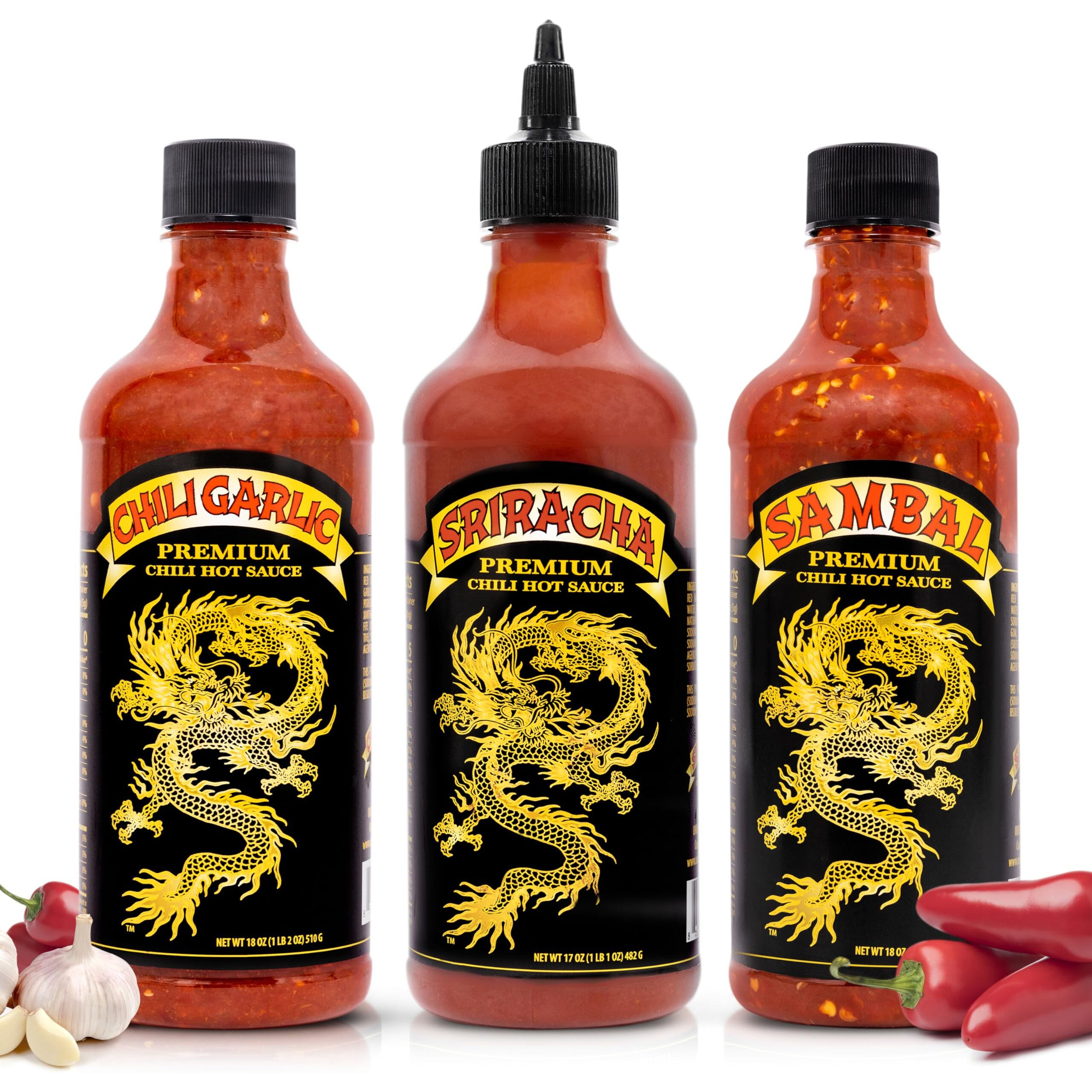 Underwood Ranches Limited Edition Dragon Collection Bundle - Sambal, Chili Garlic & Sriracha Flavor, Perfect For Any Dish - Made From Red Jalapeno Peppers That Started The Sriracha Movement