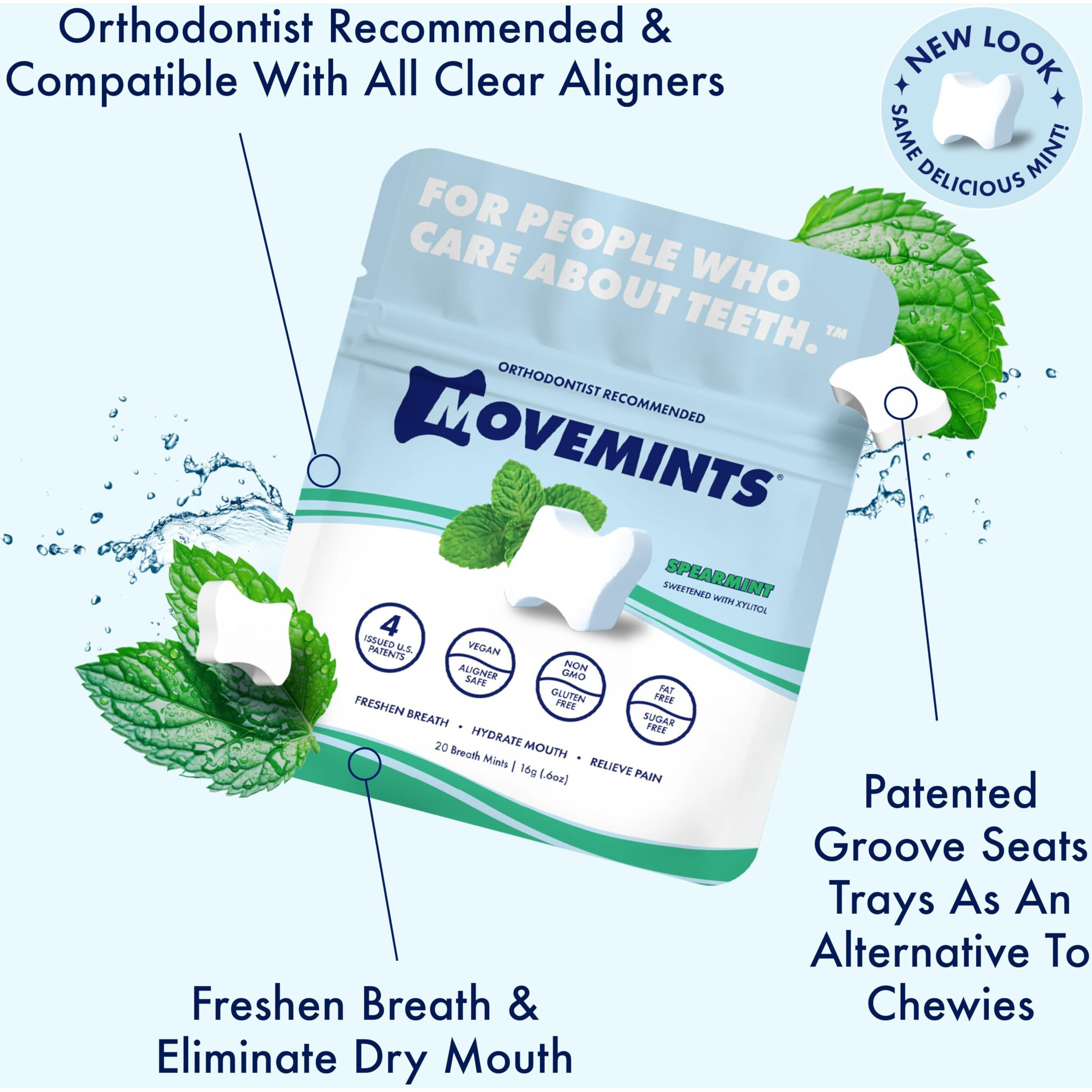 Movemints Clear Aligner Mints - Patented Aligner Seating Mints - Edible Alternative To Aligner Chewies - Xylitol Mints For Dry Mouth - Spearmint (7 Pack)