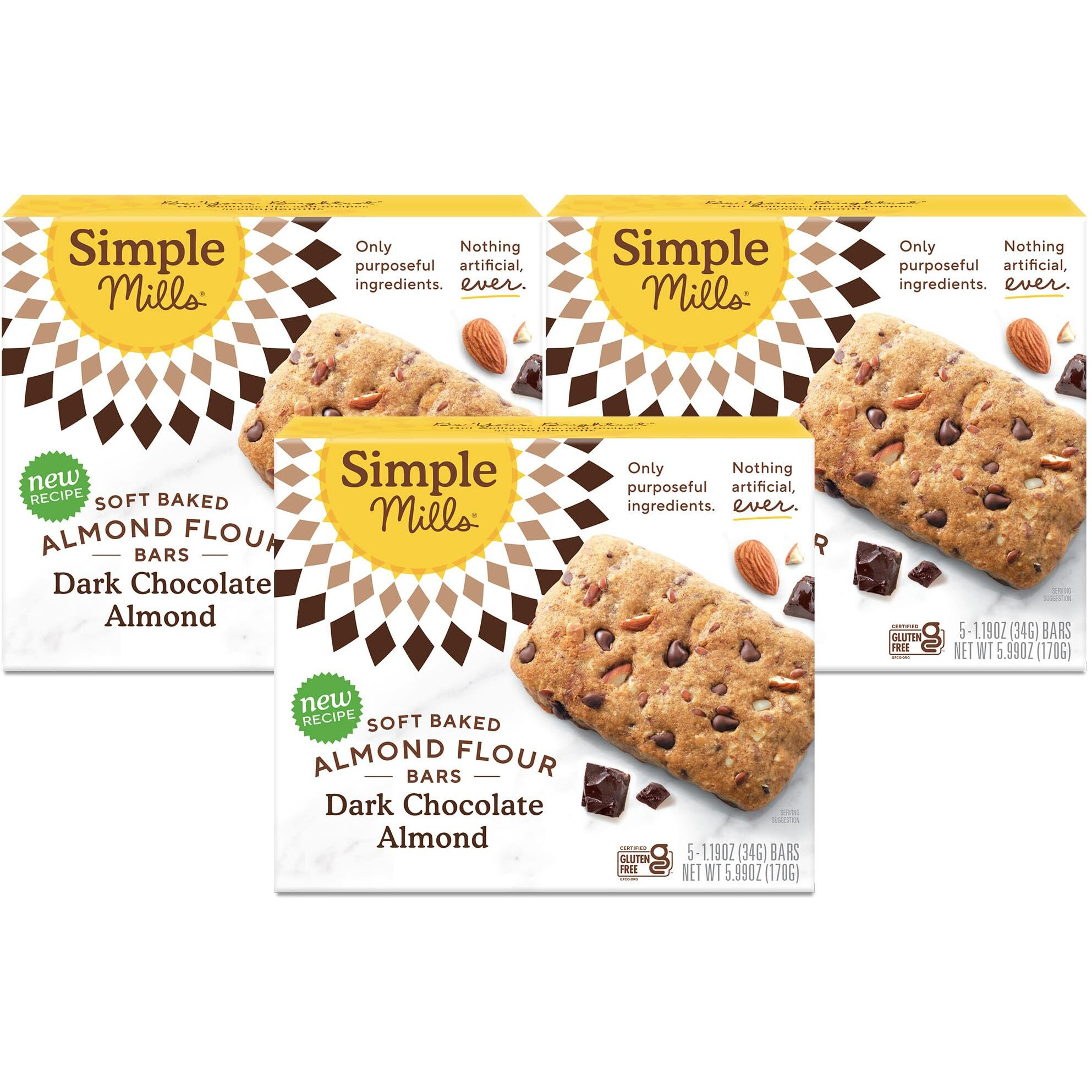 Simple Mills Almond Flour Snack Bars, Dark Chocolate Almond - Gluten Free, Made With Organic Coconut Oil, Breakfast Bars, Healthy Snacks, Paleo Friendly, 6 Ounce (Pack Of 3)