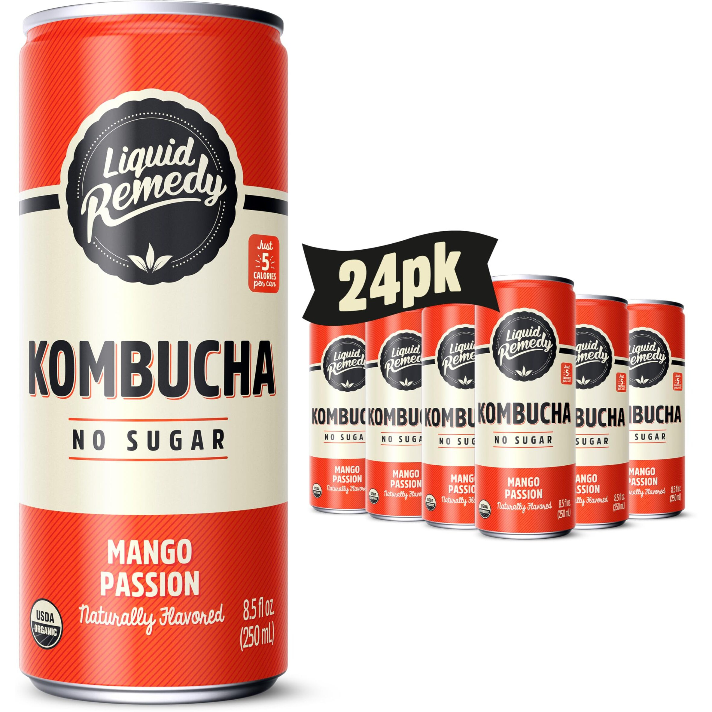 Liquid Remedy Kombucha Sugar Free Organic Drink, Low Calorie, Probiotic Like Tea For Gut Health - Mango Passion - 8.5 Fl Oz Can, 24-Pack
