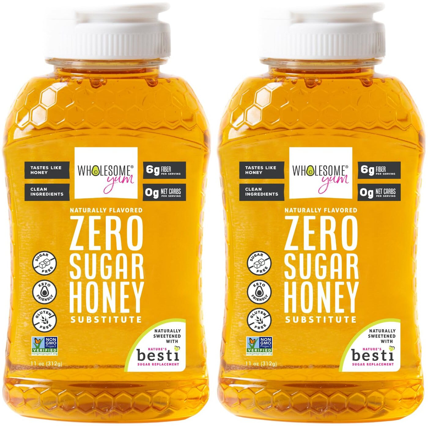 Wholesome Yum Zero Sugar Honey Substitute (2 Pack) - Keto Honey - Natural Sugar Free Honey Alternative With Monk Fruit & Allulose - Zero Net Carbs, Non Gmo, Gluten Free, No Aftertaste (11 Oz)