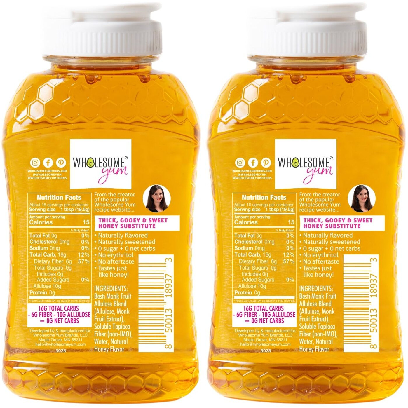 Wholesome Yum Zero Sugar Honey Substitute (2 Pack) - Keto Honey - Natural Sugar Free Honey Alternative With Monk Fruit & Allulose - Zero Net Carbs, Non Gmo, Gluten Free, No Aftertaste (11 Oz)