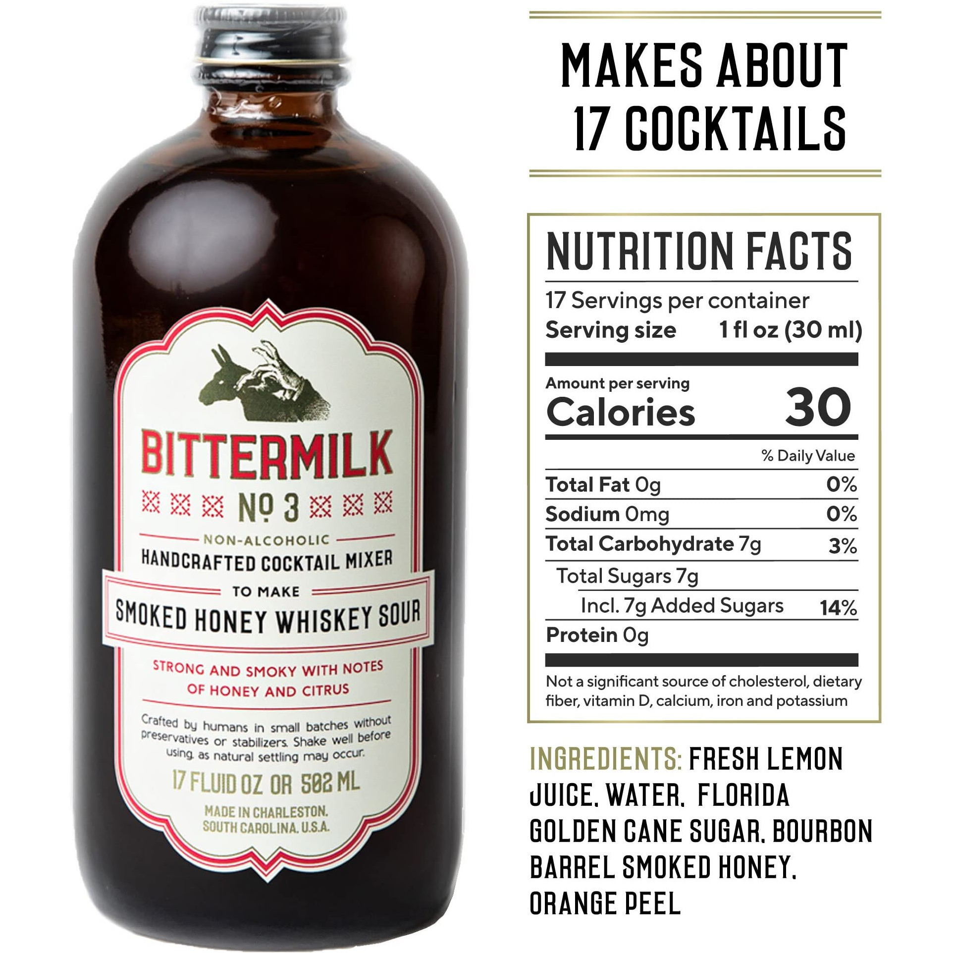 Bittermilk No.3 Smoked Honey Whiskey Sour Mix For Cocktails - All Natural Non-Alcoholic Handcrafted Cocktail Mixer - Makes 17 Cocktails
