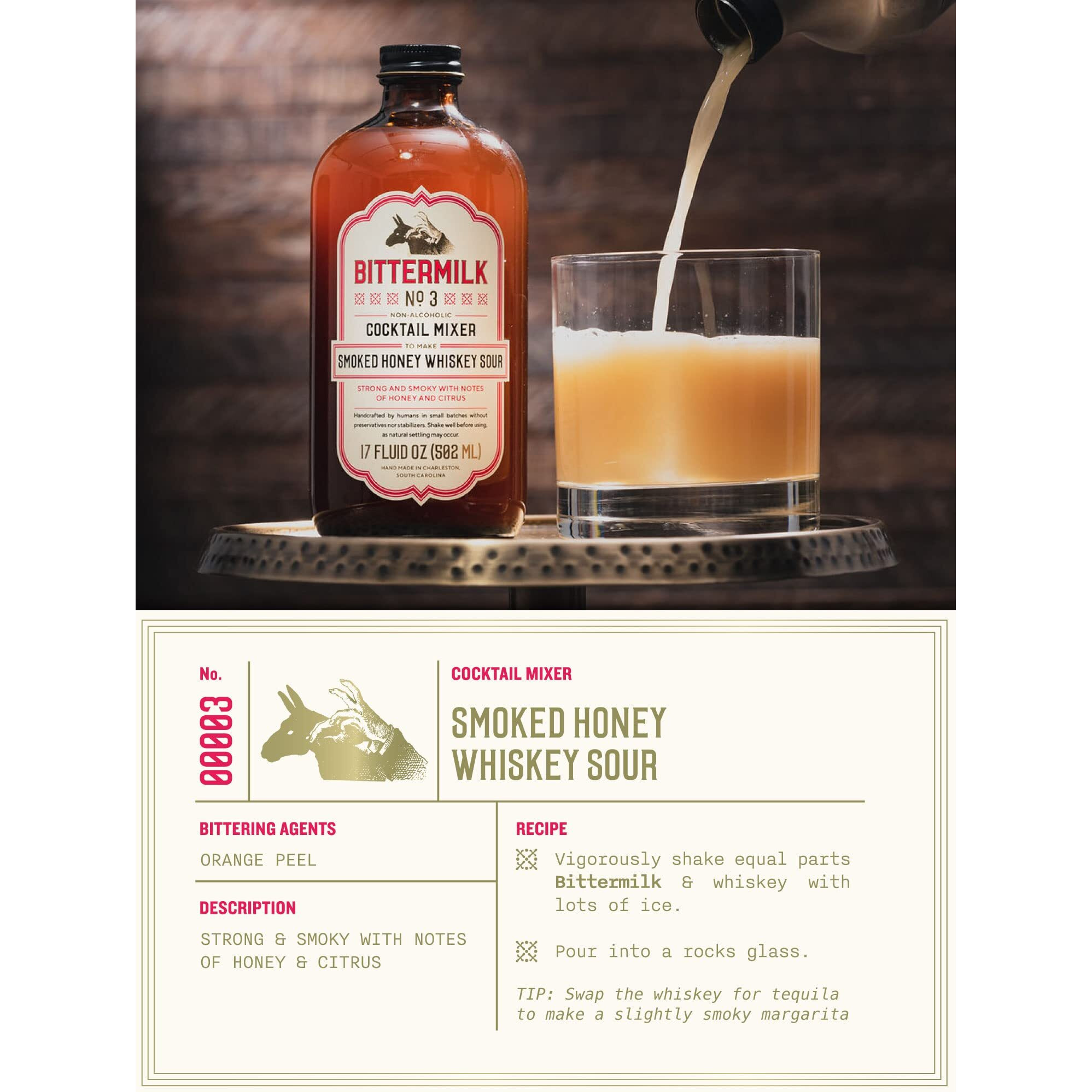 Bittermilk No.3 Smoked Honey Whiskey Sour Mix For Cocktails - All Natural Non-Alcoholic Handcrafted Cocktail Mixer - Makes 17 Cocktails