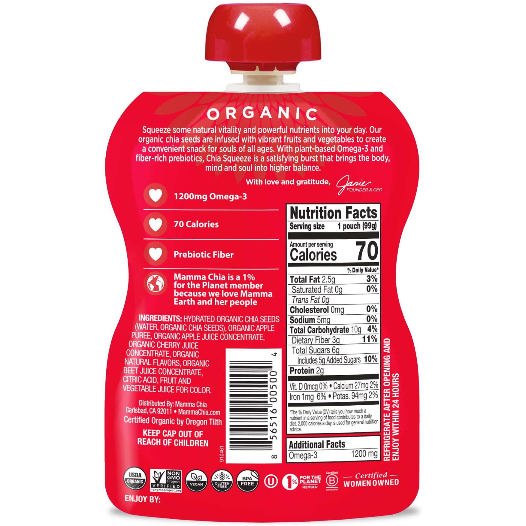 Mamma Chia Organic Vitality Squeeze Snack, Cherry Love, 16- 3.5 Ounce Chia Vitality Snack, Usda Organic, Non-Gmo, Vegan, Gluten Free, And Kosher (Pack Of 16)