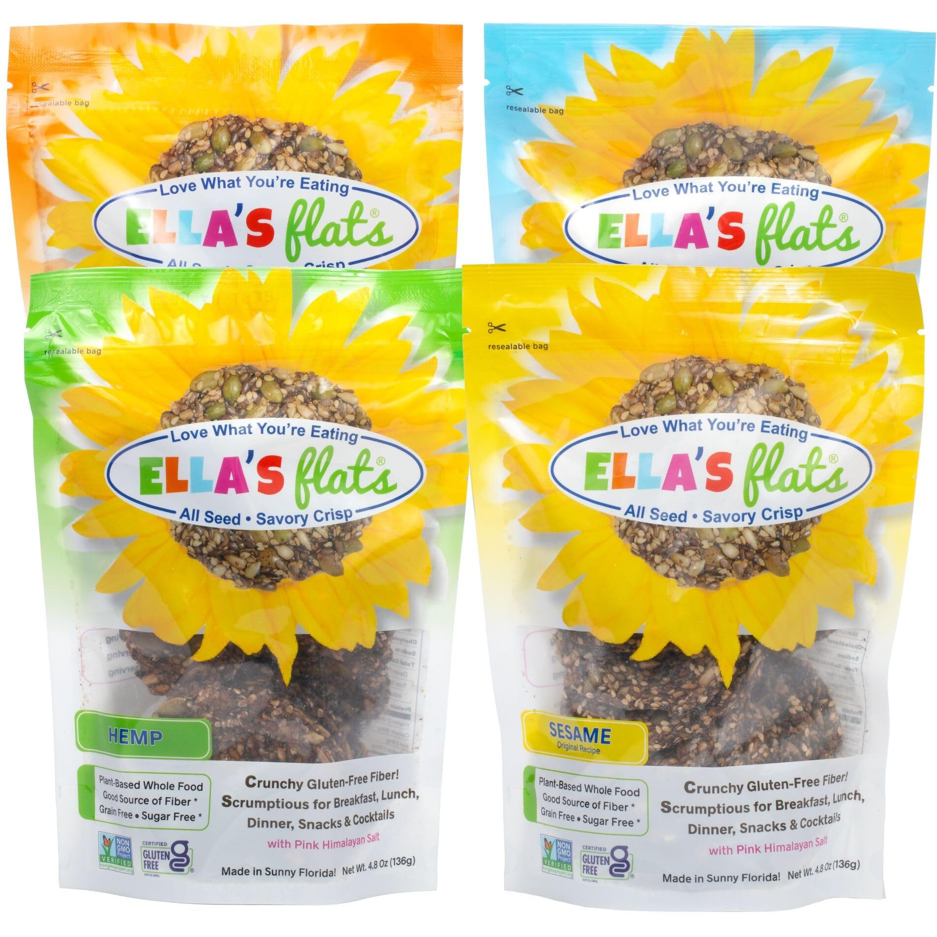 Ellas Flats Variety All Seed Savory Crisps - All Natural, Gluten Free, Good Source Of Protein, High Fiber, Vegan And Keto Friendly (Variety 4 Pack)