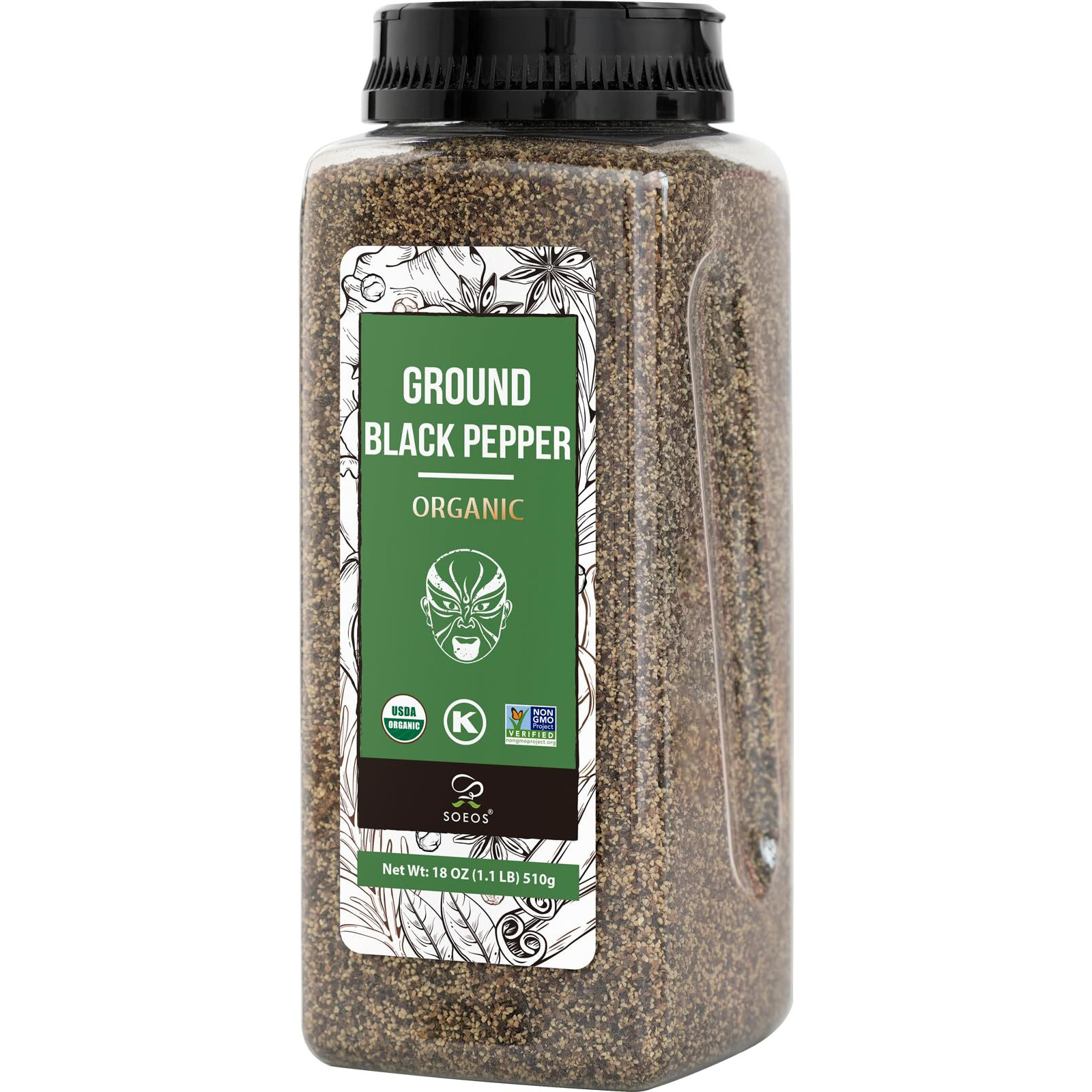 Soeos Organic Ground Black Pepper, Non-Gmo, Freshly Peppercorn Powder Bulk, Packed To Keep Peppers Fresh, Ready To Use Peppercorns For Refill, 18 Oz (510G)