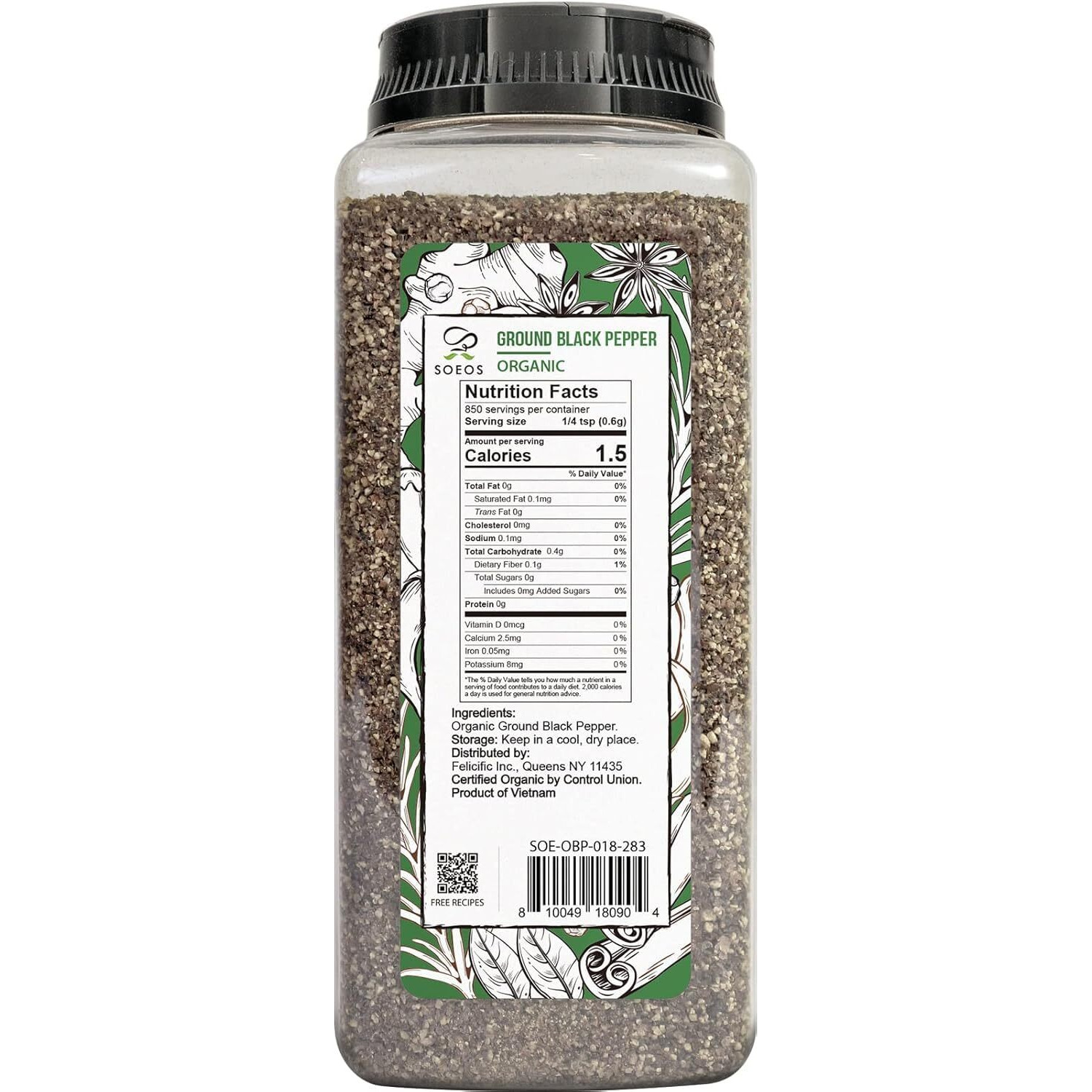 Soeos Organic Ground Black Pepper, Non-Gmo, Freshly Peppercorn Powder Bulk, Packed To Keep Peppers Fresh, Ready To Use Peppercorns For Refill, 18 Oz (510G)