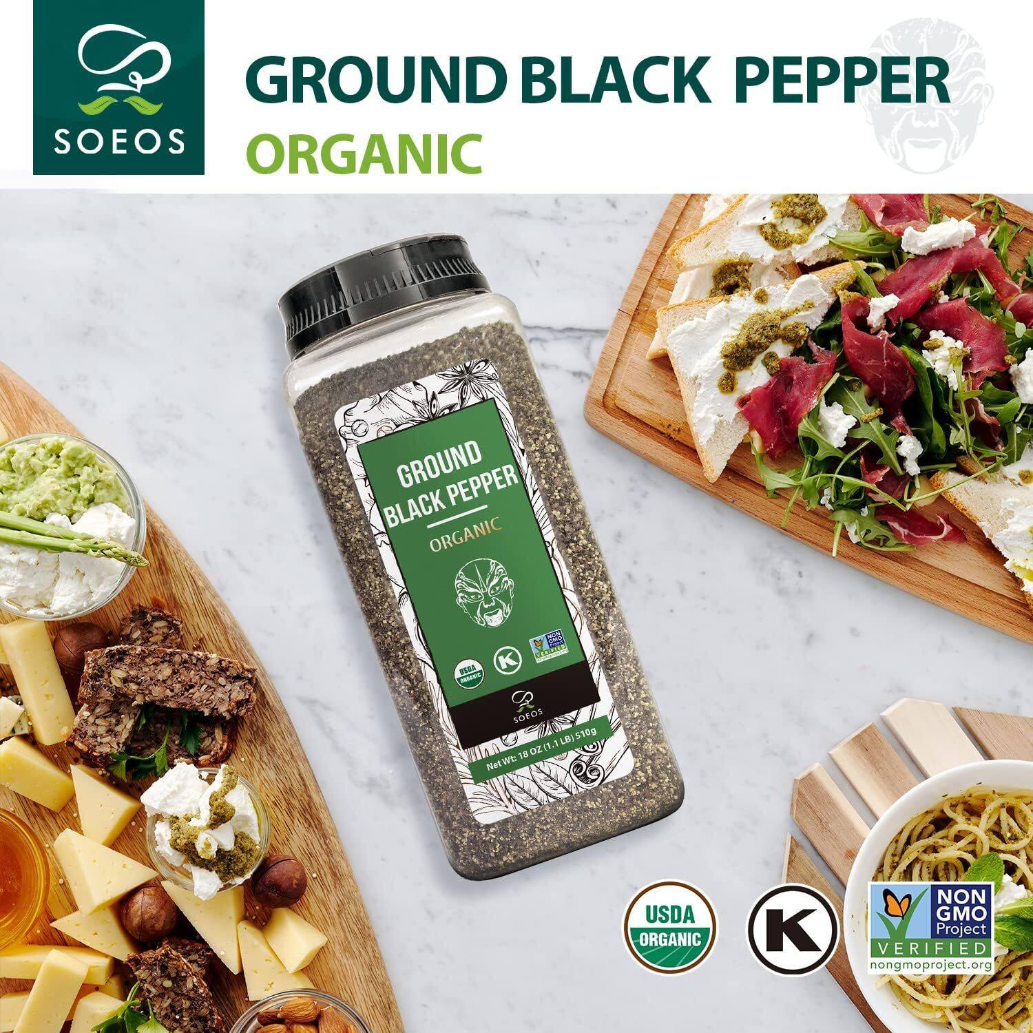 Soeos Organic Ground Black Pepper, Non-Gmo, Freshly Peppercorn Powder Bulk, Packed To Keep Peppers Fresh, Ready To Use Peppercorns For Refill, 18 Oz (510G)