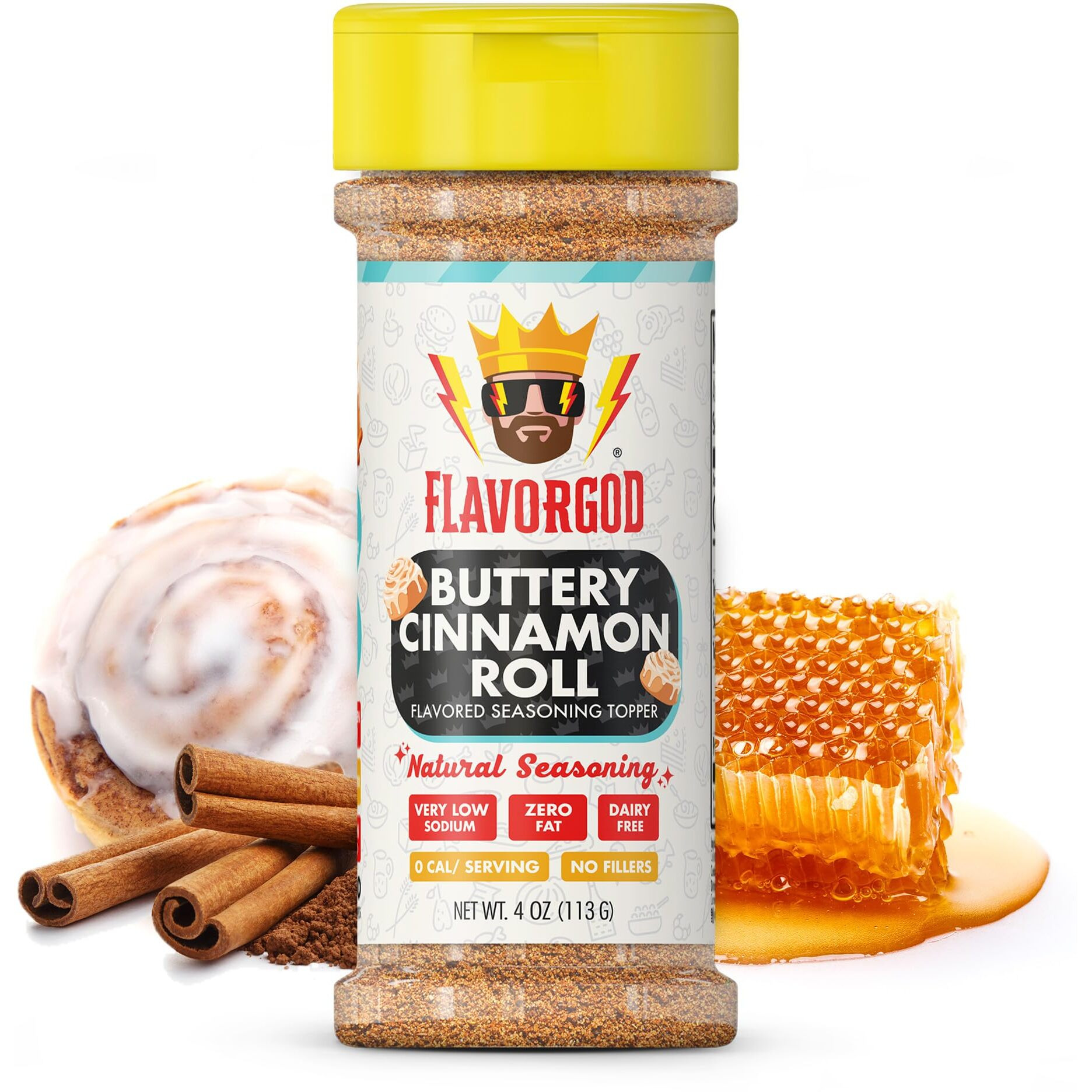 Flavor God Buttery Cinnamon Roll Seasoning Topper Mix, Natural Healthy Blend For Chocolate Donuts, Coffee, Oatmeal, Pancakes, Sandwiches, Fruit, Ice Cream, Low Sodium, Kosher, Gluten & Dairy Free