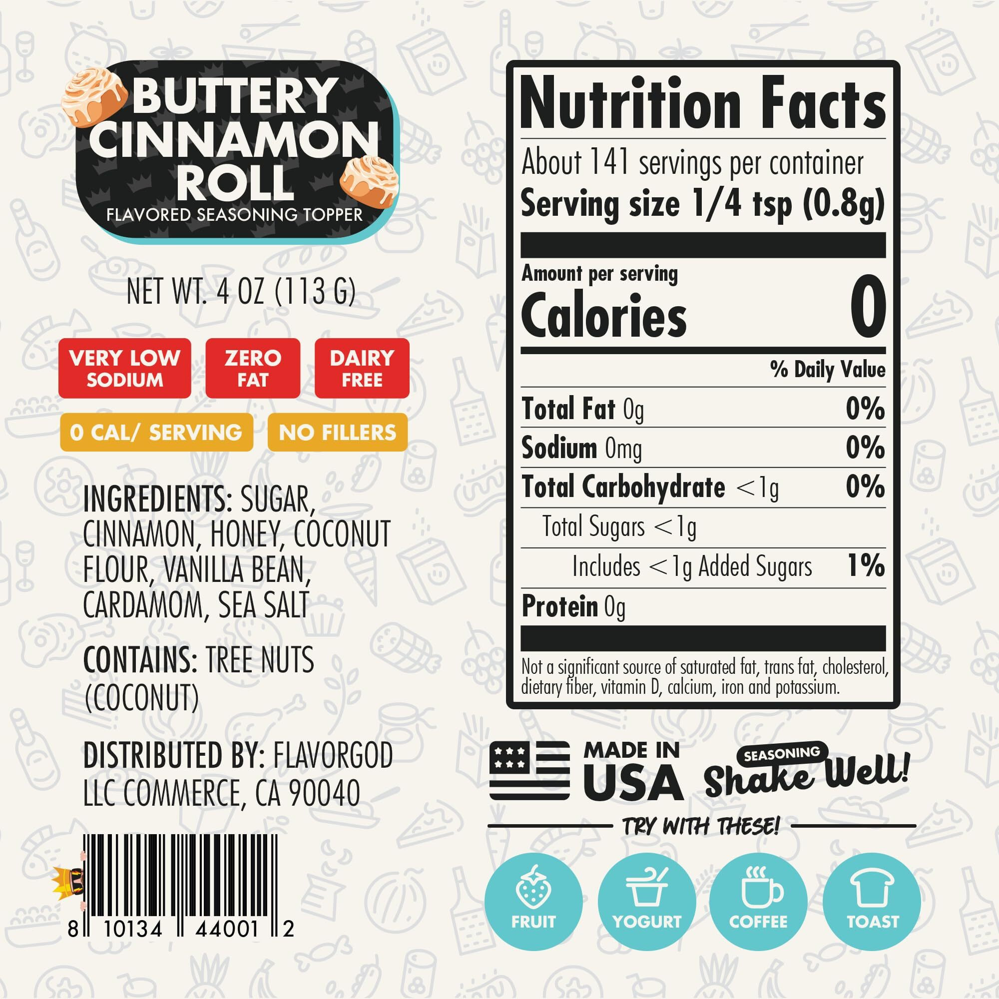 Flavor God Buttery Cinnamon Roll Seasoning Topper Mix, Natural Healthy Blend For Chocolate Donuts, Coffee, Oatmeal, Pancakes, Sandwiches, Fruit, Ice Cream, Low Sodium, Kosher, Gluten & Dairy Free