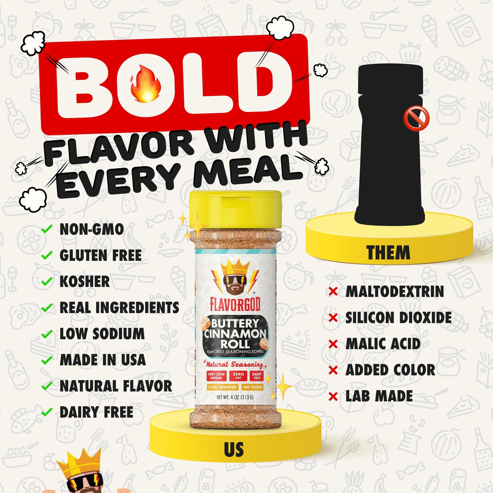 Flavor God Buttery Cinnamon Roll Seasoning Topper Mix, Natural Healthy Blend For Chocolate Donuts, Coffee, Oatmeal, Pancakes, Sandwiches, Fruit, Ice Cream, Low Sodium, Kosher, Gluten & Dairy Free