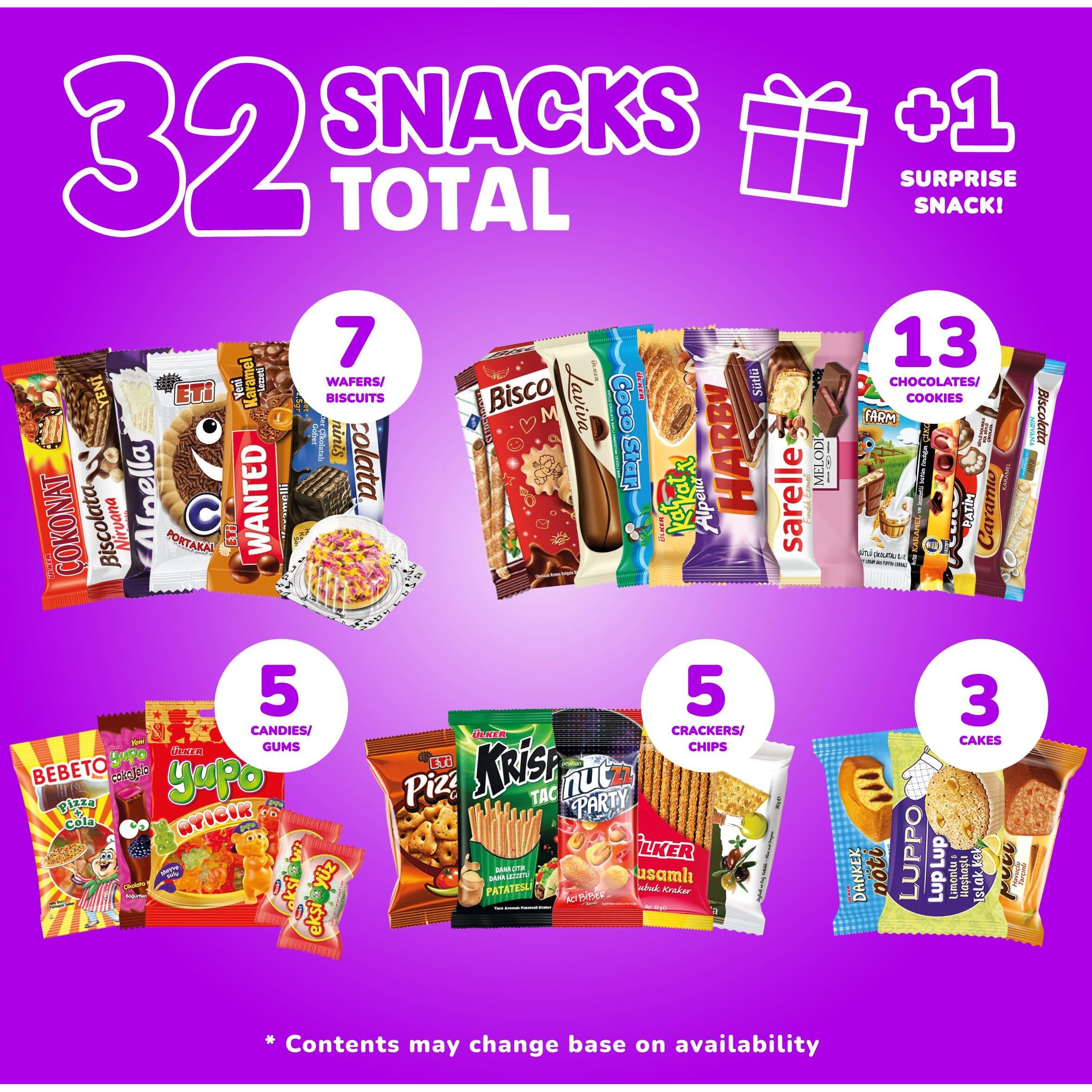 Mega International Snack Box | Premium Exotic Foreign Snacks | Unique Snack Food Gifts Included | Try Extraordinary Turkish Snacks | Candies From Around The World | 32+1 Full-Size Snacks