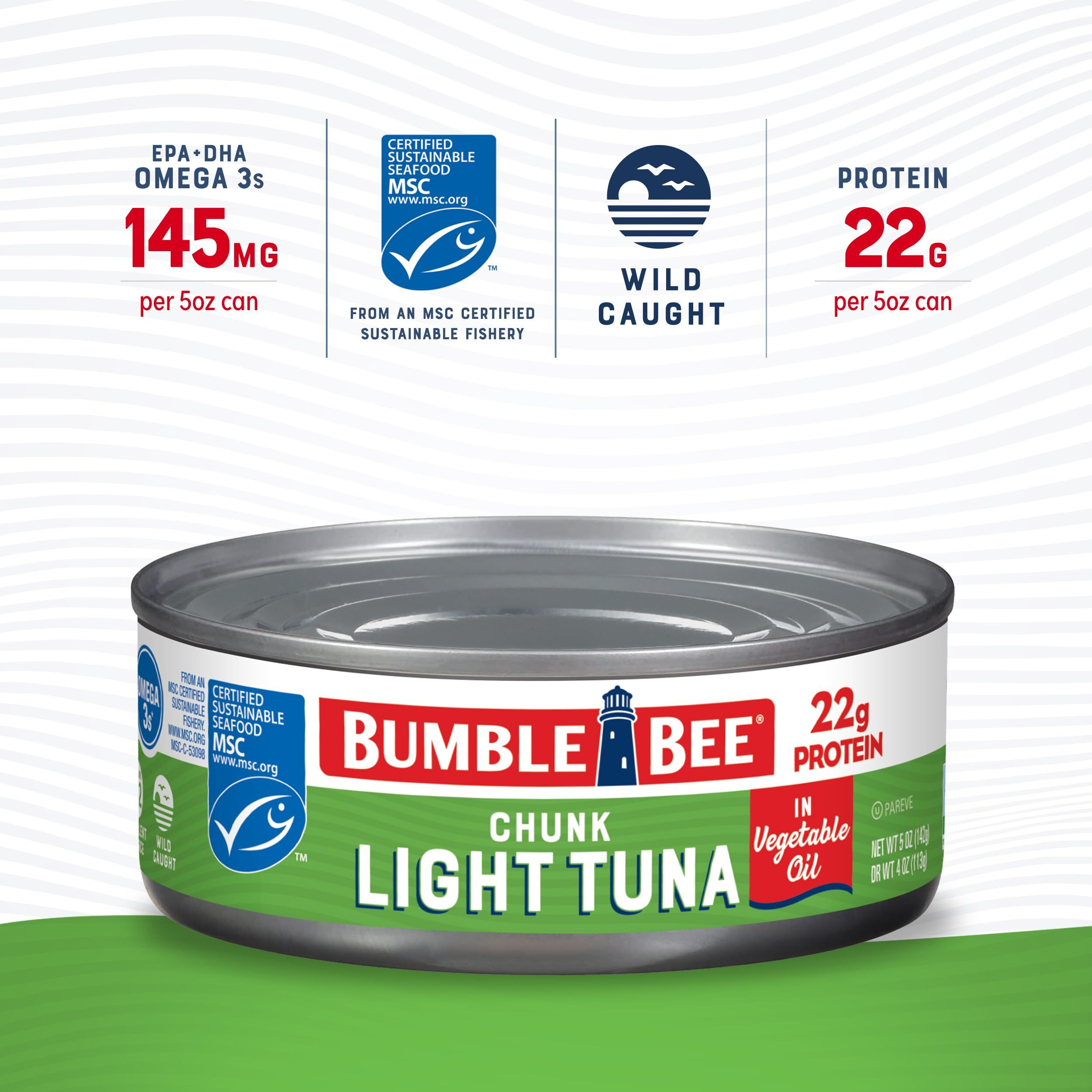 Bumble Bee Chunk Light Tuna In Oil, 5 Oz Cans (Pack Of 24) - Wild Caught Skipjack Tuna - 22G Protein Per Serving - Msc Certified Sustainable Seafood, Non-Gmo, Gluten Free, Kosher
