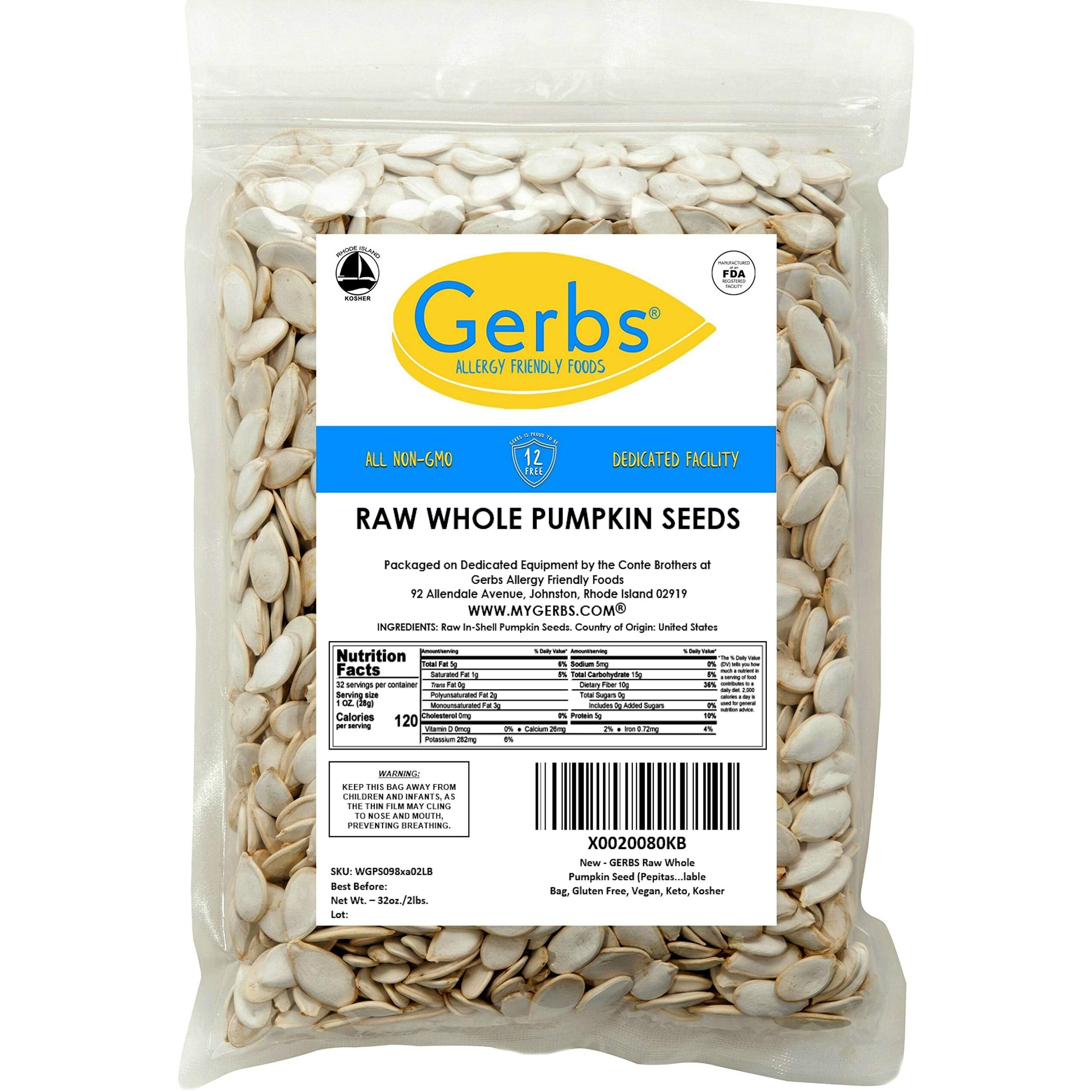 Gerbs Raw Whole Pumpkin Seed 2 Lbs, Top 14 Allergy Free, Healthy Protein Packed Superfood Snack, Non Gmo, Grown Usa & Packaged On Dedicated Equipment