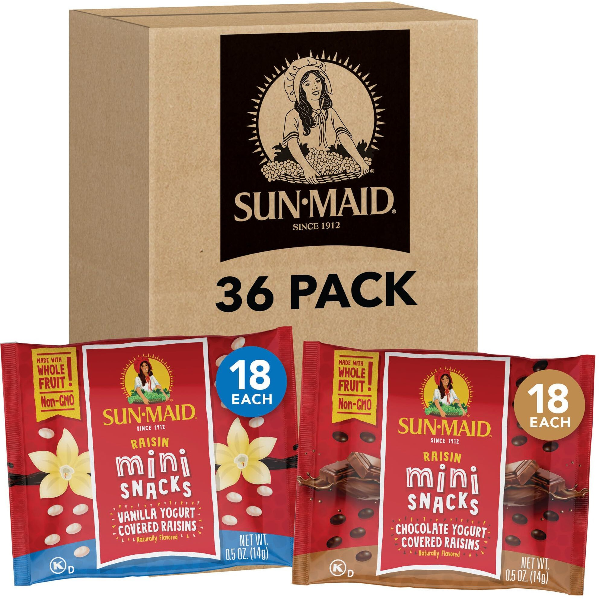 Sun-Maid Vanilla & Chocolate Yogurt Coated Raisins Variety Pack - (36 Pack) 0.5 Oz Mini Snack-Size Bag - Yogurt Covered Dried Fruit Snack