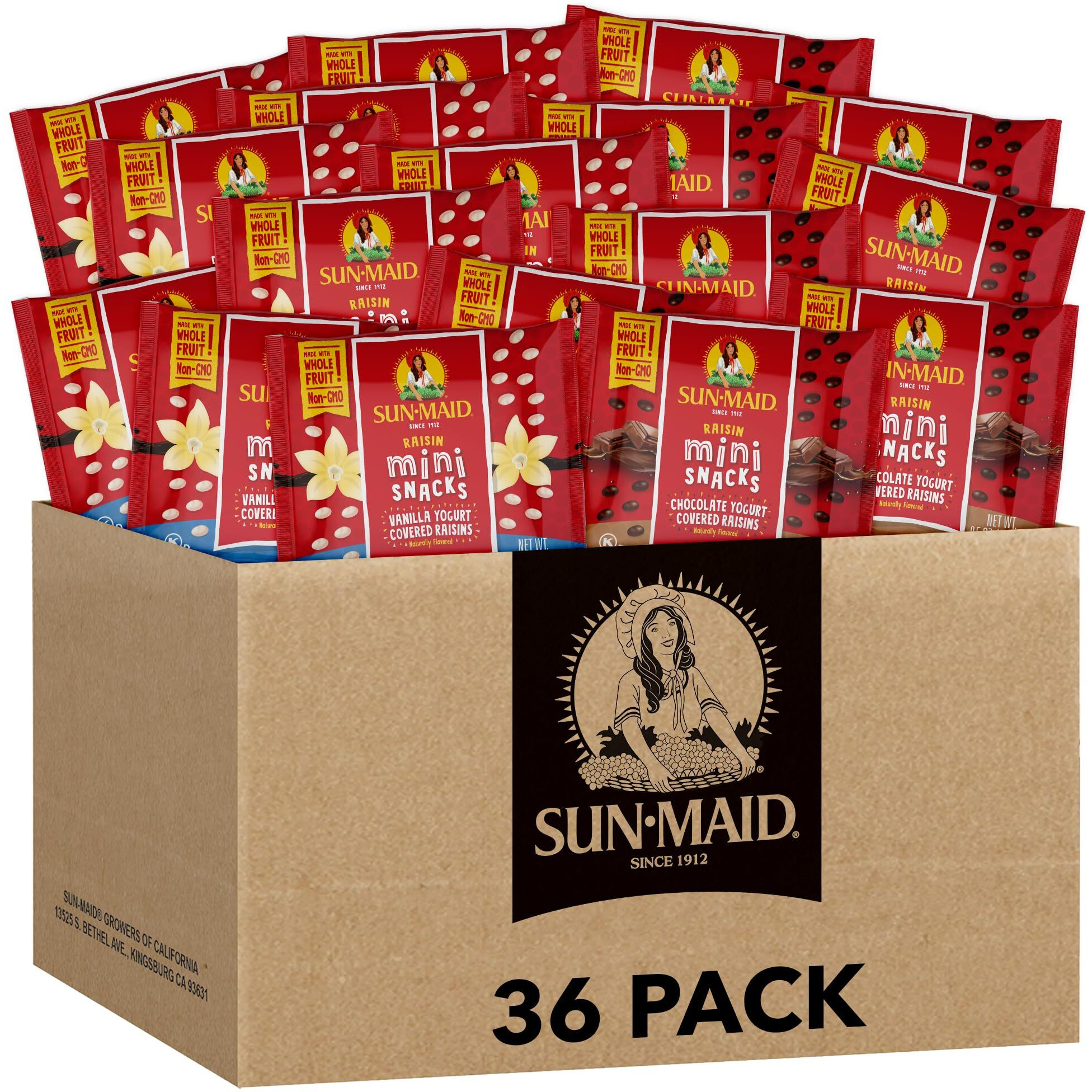 Sun-Maid Vanilla & Chocolate Yogurt Coated Raisins Variety Pack - (36 Pack) 0.5 Oz Mini Snack-Size Bag - Yogurt Covered Dried Fruit Snack