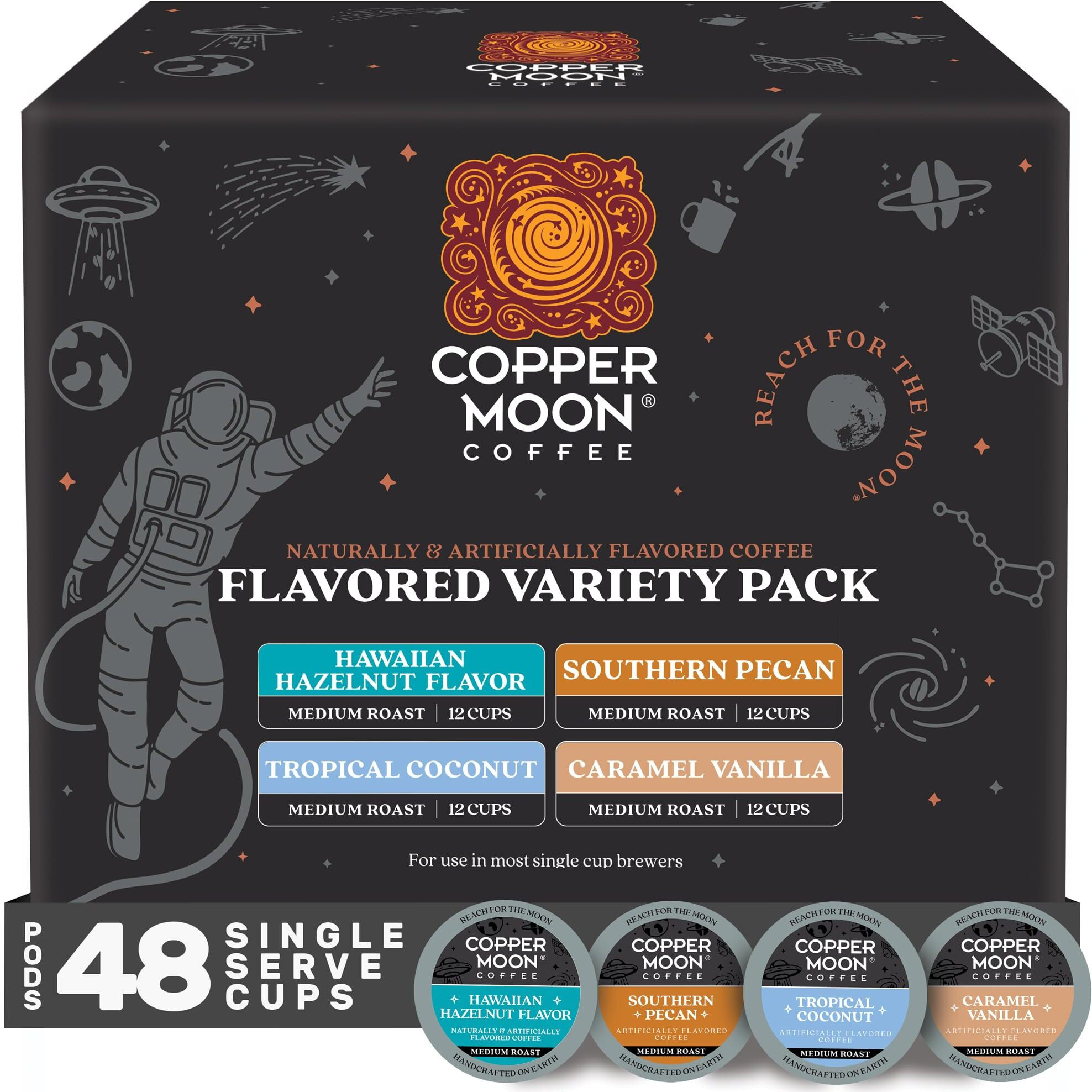 Copper Moon Single Serve Coffee Pods For Keurig K-Cup Brewers, Light/Medium Roast, Flavored Variety Pack, 12 Count (Pack Of 4)