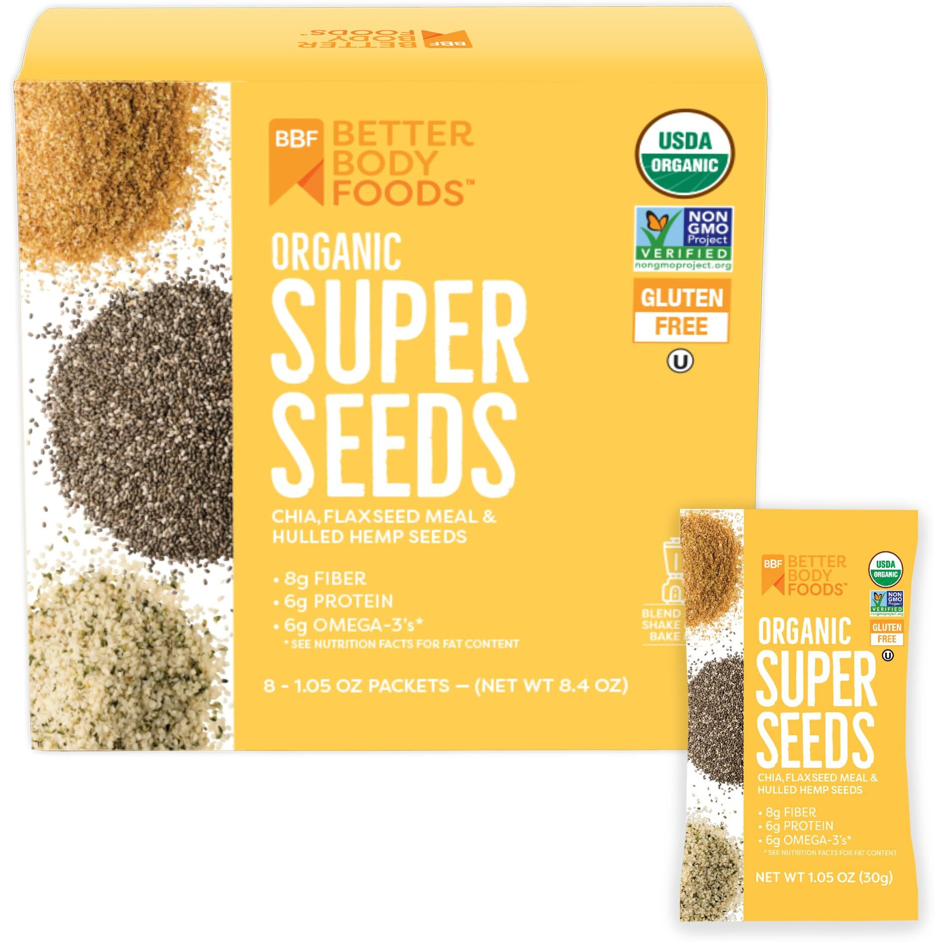 Betterbody Foods Superfood Organic Super Seeds - Blend Of Organic Chia Seeds, Milled Flax Seed, Hemp Hearts, 1.05 Oz Packets (Pack Of 24)