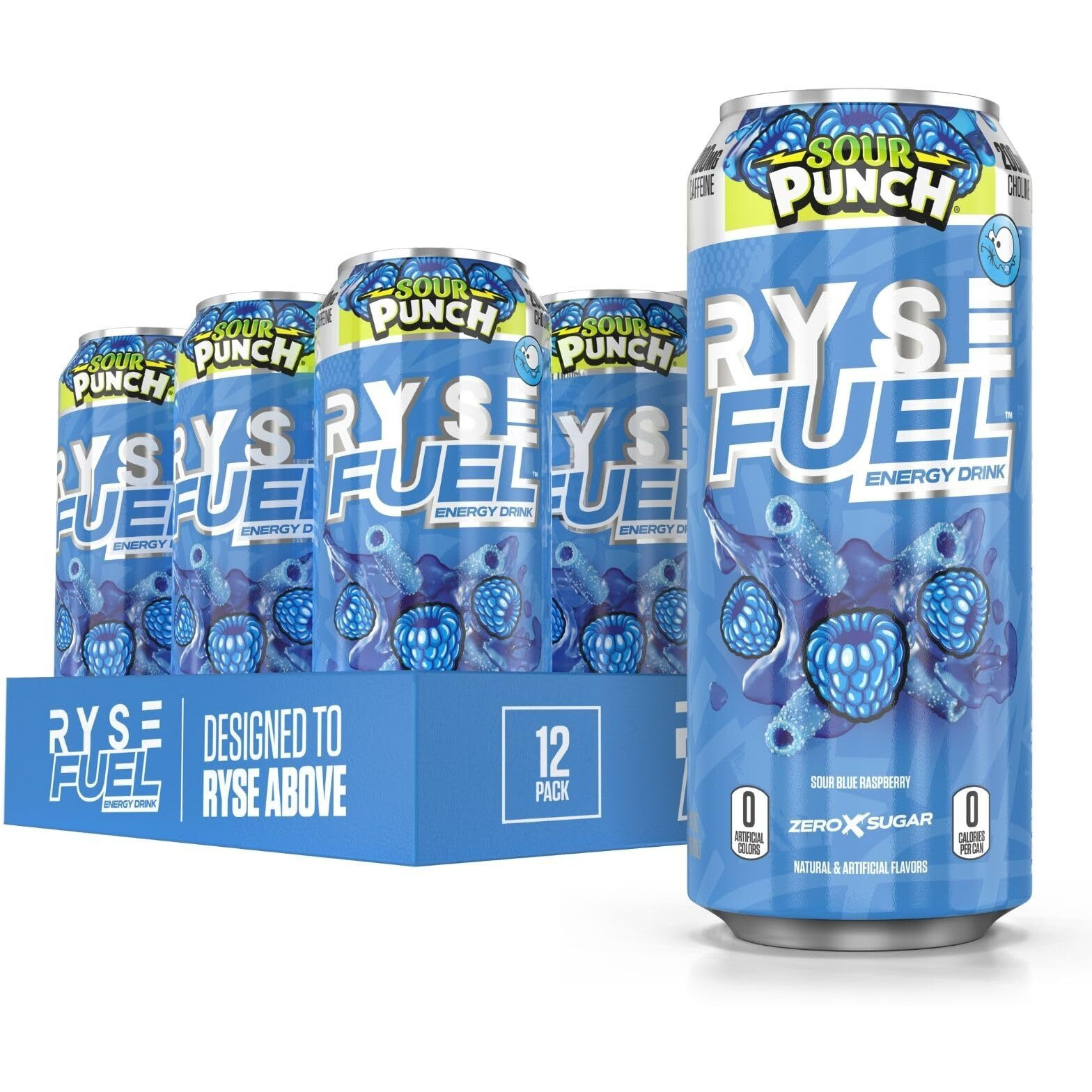 Ryse Fuel Sugar Free Energy Drink | Vegan Friendly, Gluten Free | No Fillers & No Artificial Colors | Low Calorie | 200Mg Natural Caffeine | 12 Pack (Sour Punch Blue Raspberry)