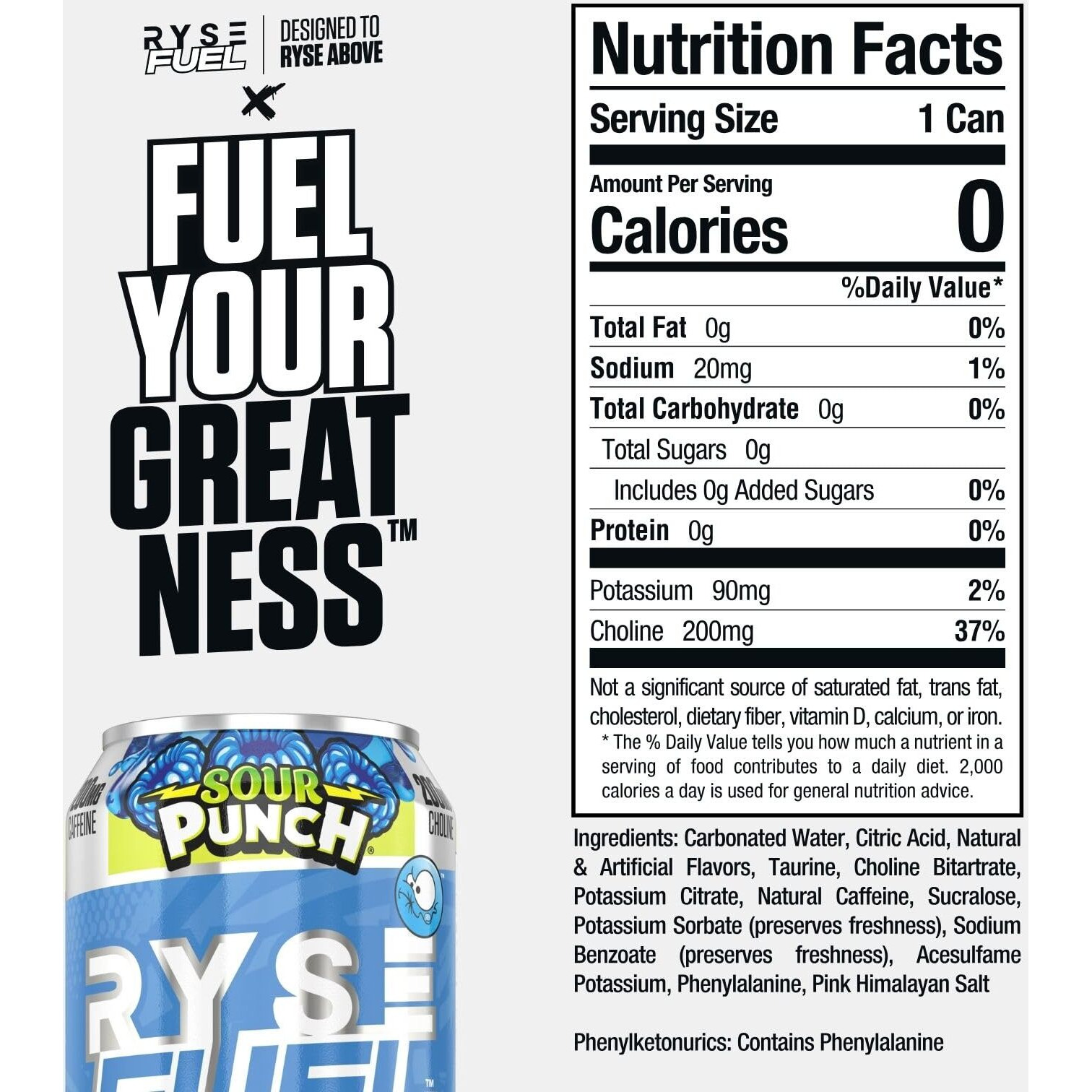 Ryse Fuel Sugar Free Energy Drink | Vegan Friendly, Gluten Free | No Fillers & No Artificial Colors | Low Calorie | 200Mg Natural Caffeine | 12 Pack (Sour Punch Blue Raspberry)