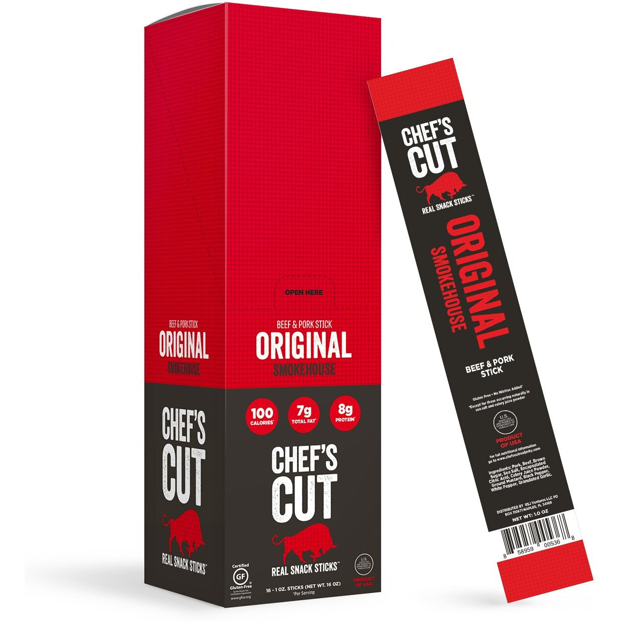 Chef's Cut Beef & Pork Snack Sticks, Original Smokehouse, High Protein Meat Snack, Individually Wrapped, 8G Protein And 100 Calories, Gluten Free - 1 Ounce (Pack Of 16)