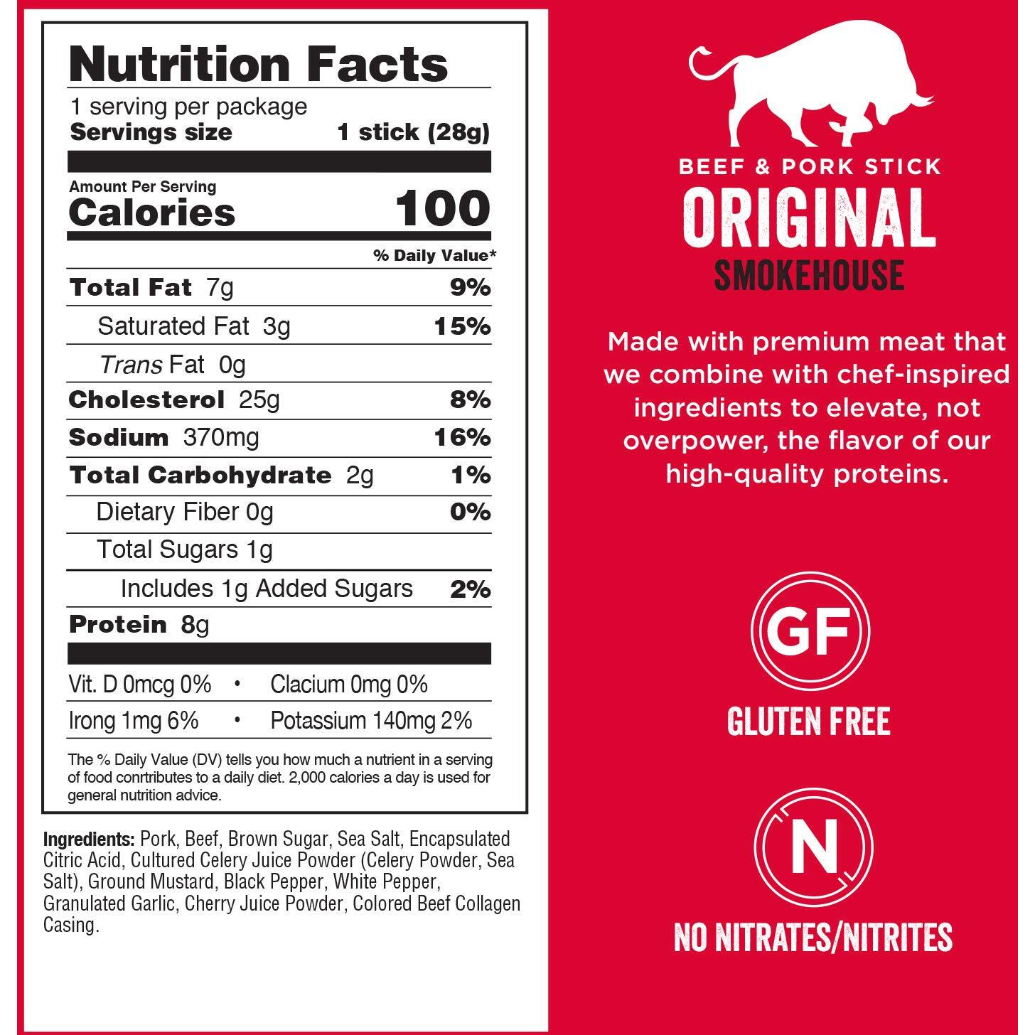 Chef's Cut Beef & Pork Snack Sticks, Original Smokehouse, High Protein Meat Snack, Individually Wrapped, 8G Protein And 100 Calories, Gluten Free - 1 Ounce (Pack Of 16)