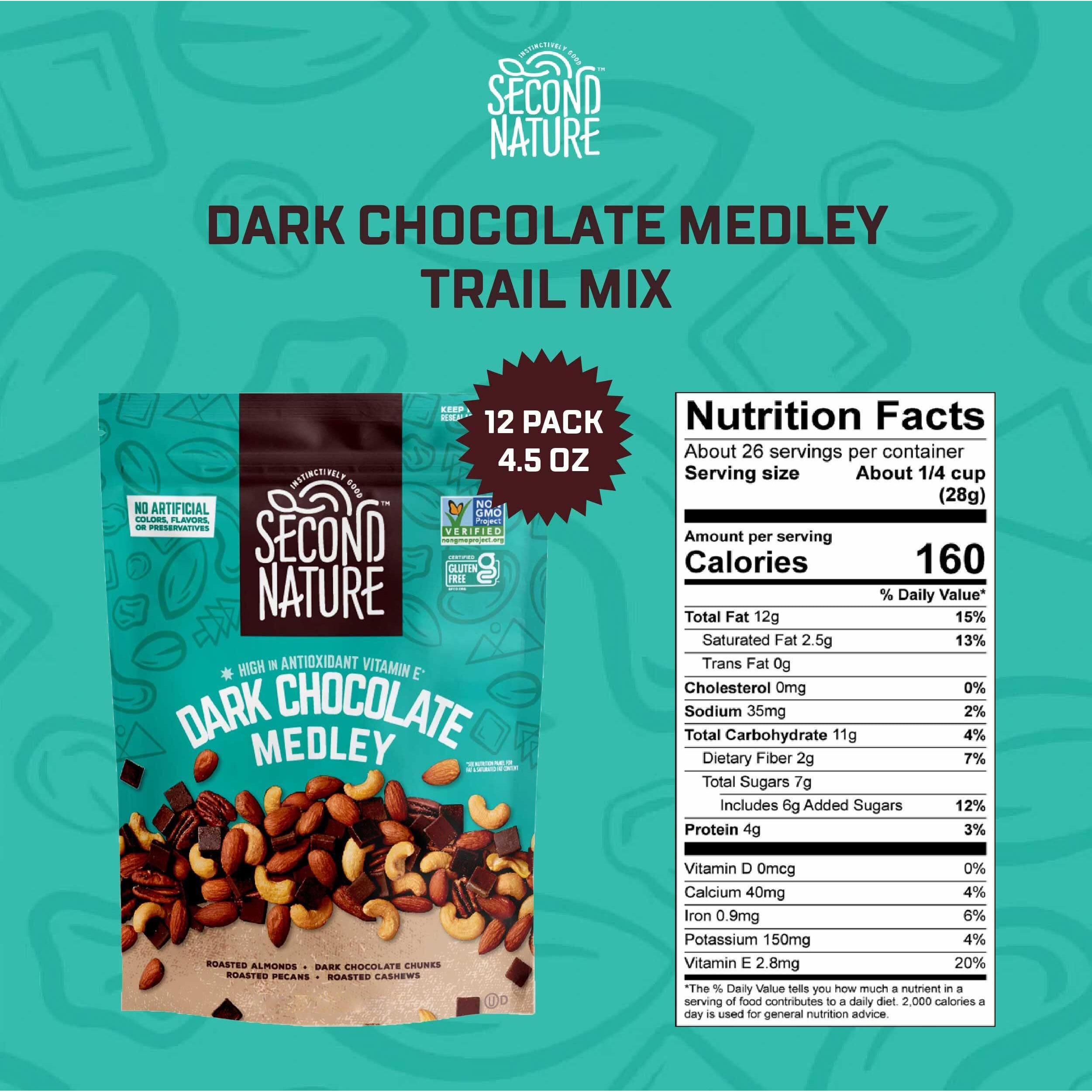 Second Nature Dark Chocolate Medley Trail Mix, 4.5 Oz. Resealable Pouch (Pack Of 12) - Certified Gluten-Free Snack Mix - Dark Chocolate And Nut Trail Mix Ideal For Quick Travel Snacks Or Lunch Snacks