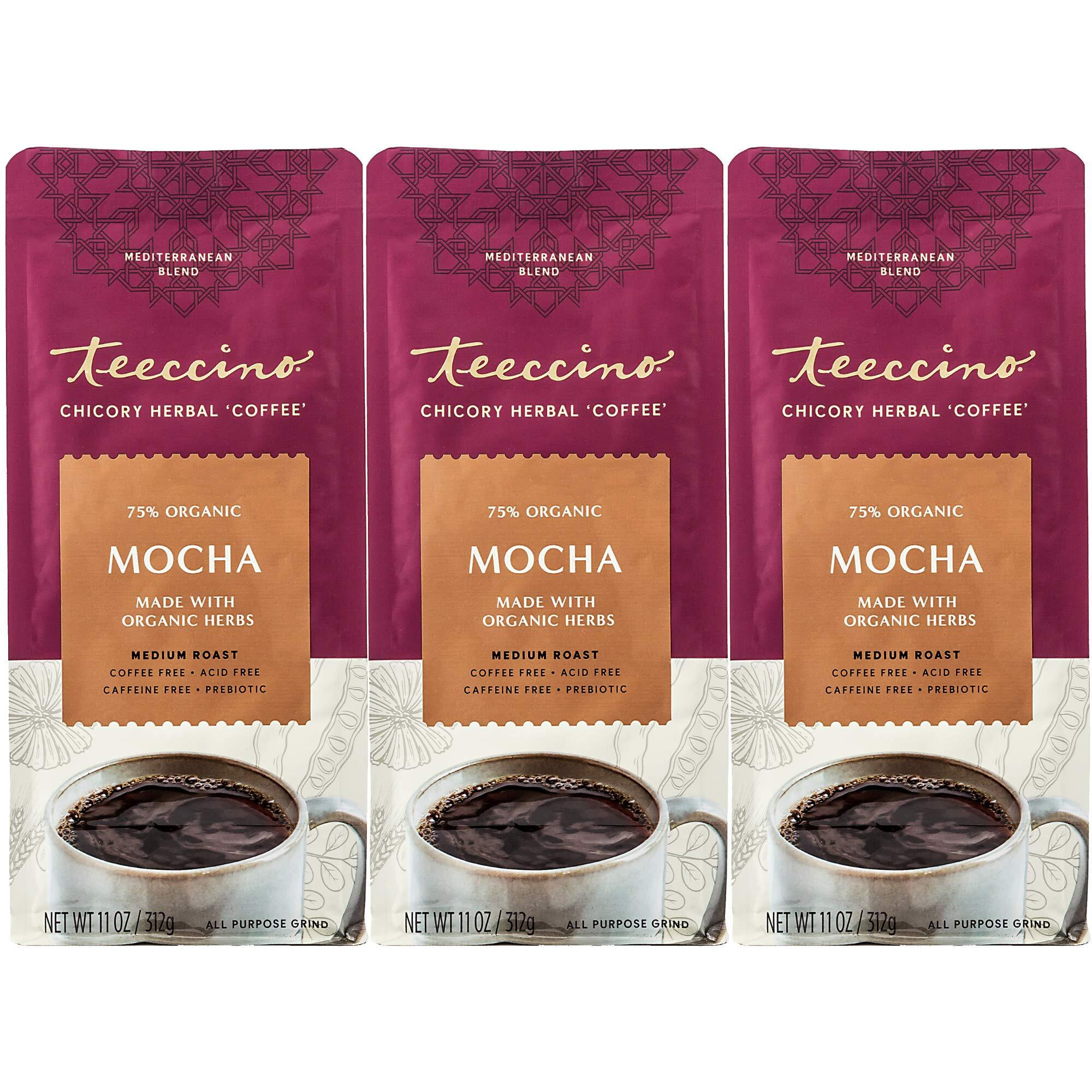 Teeccino Mocha Chicory Coffee Alternative - Ground Herbal Coffee Thats Prebiotic, Caffeine-Free & Acid Free, Medium Roast, 11 Ounce (Pack Of 3)