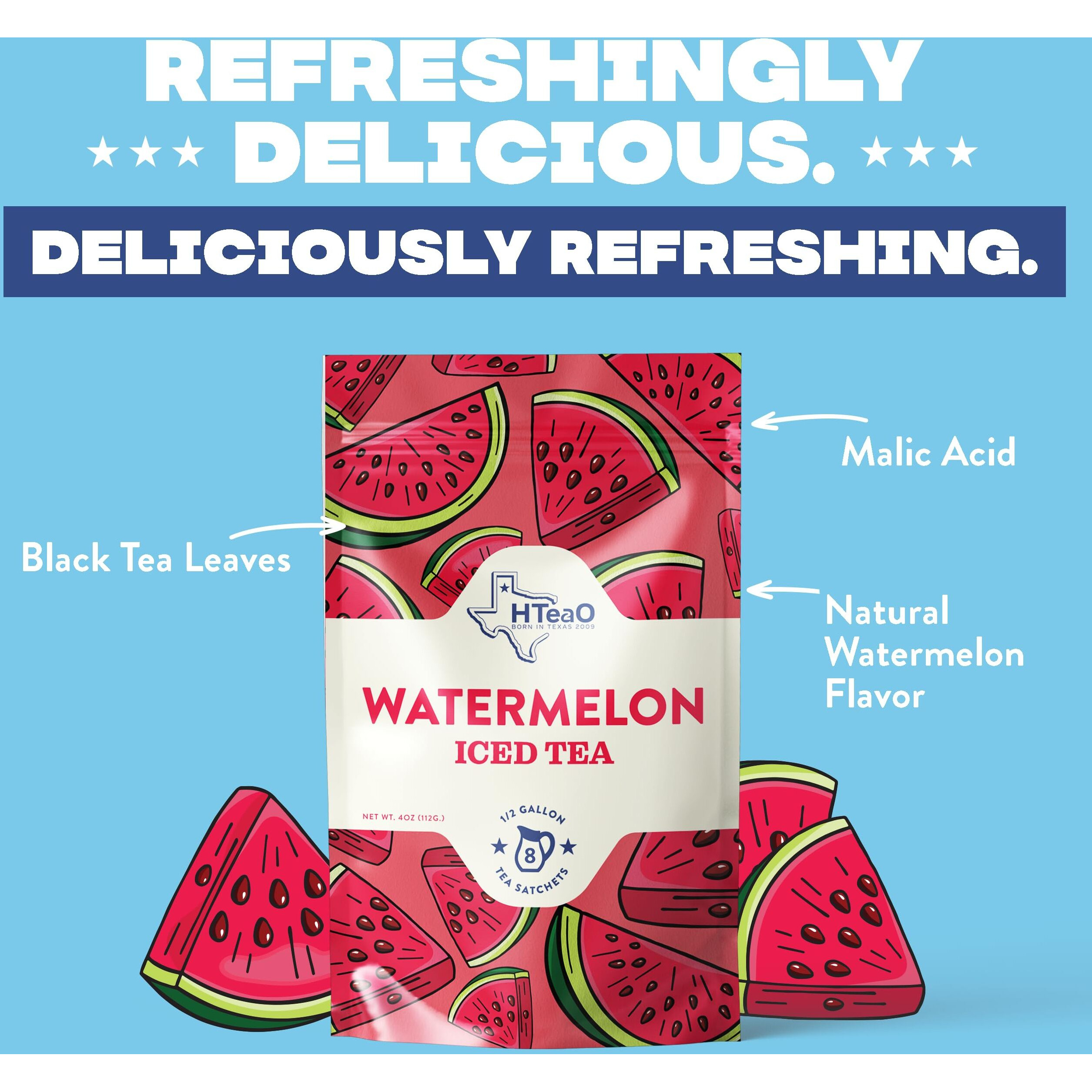 Hteao Iced Tea Sachets - Watermelon Black Tea Mix For Instant Ice Tea - 8 Gallons Per Package - Real Texas-Style Flavored Iced Tea In 5 Minutes (Pack Of 16 Sachet Bags)