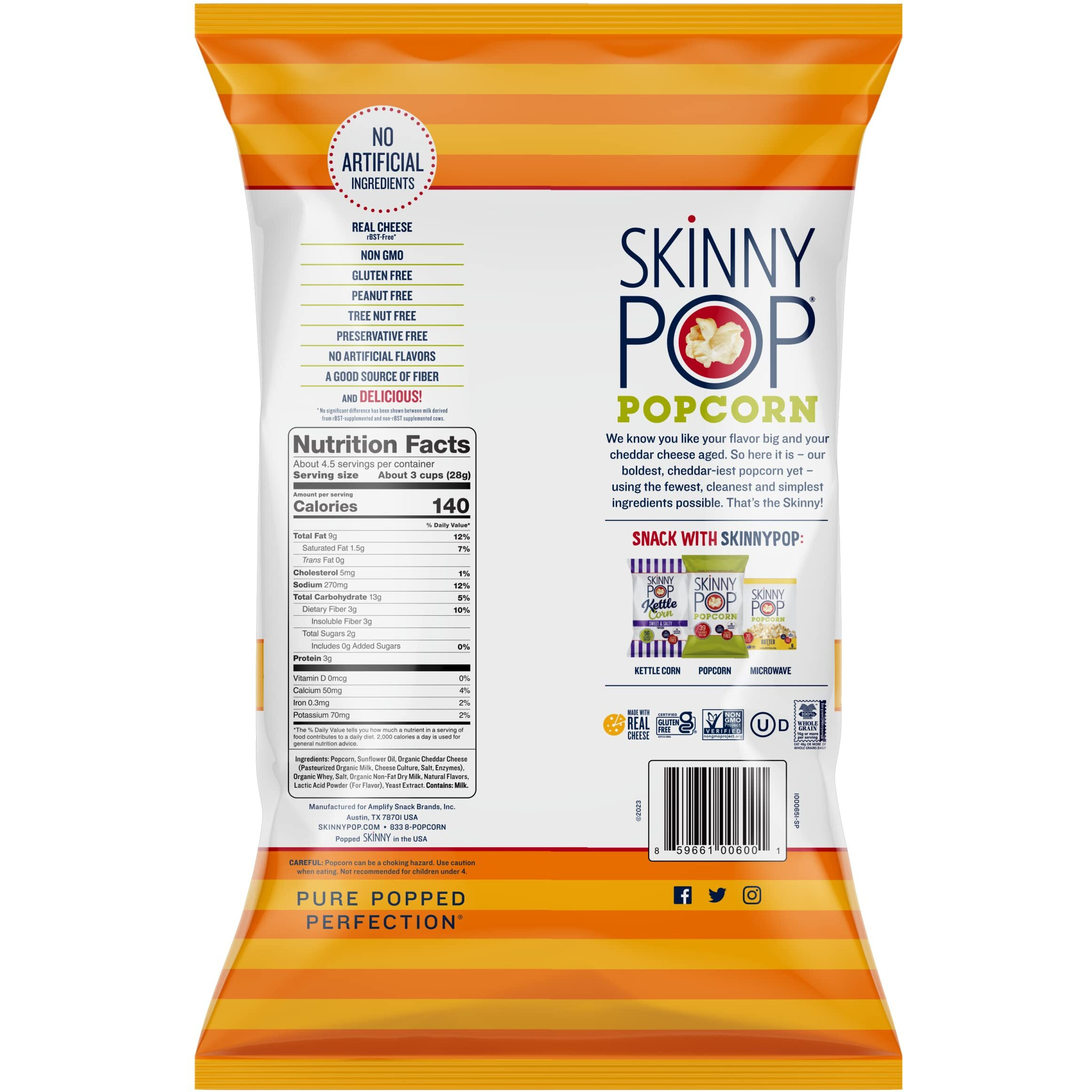 Skinnypop Aged White Cheddar Popcorn, Gluten Free, Non-Gmo, Healthy Popcorn Snacks, Skinny Pop, 4.4 Oz Grocery Sized Bags (12 Count)
