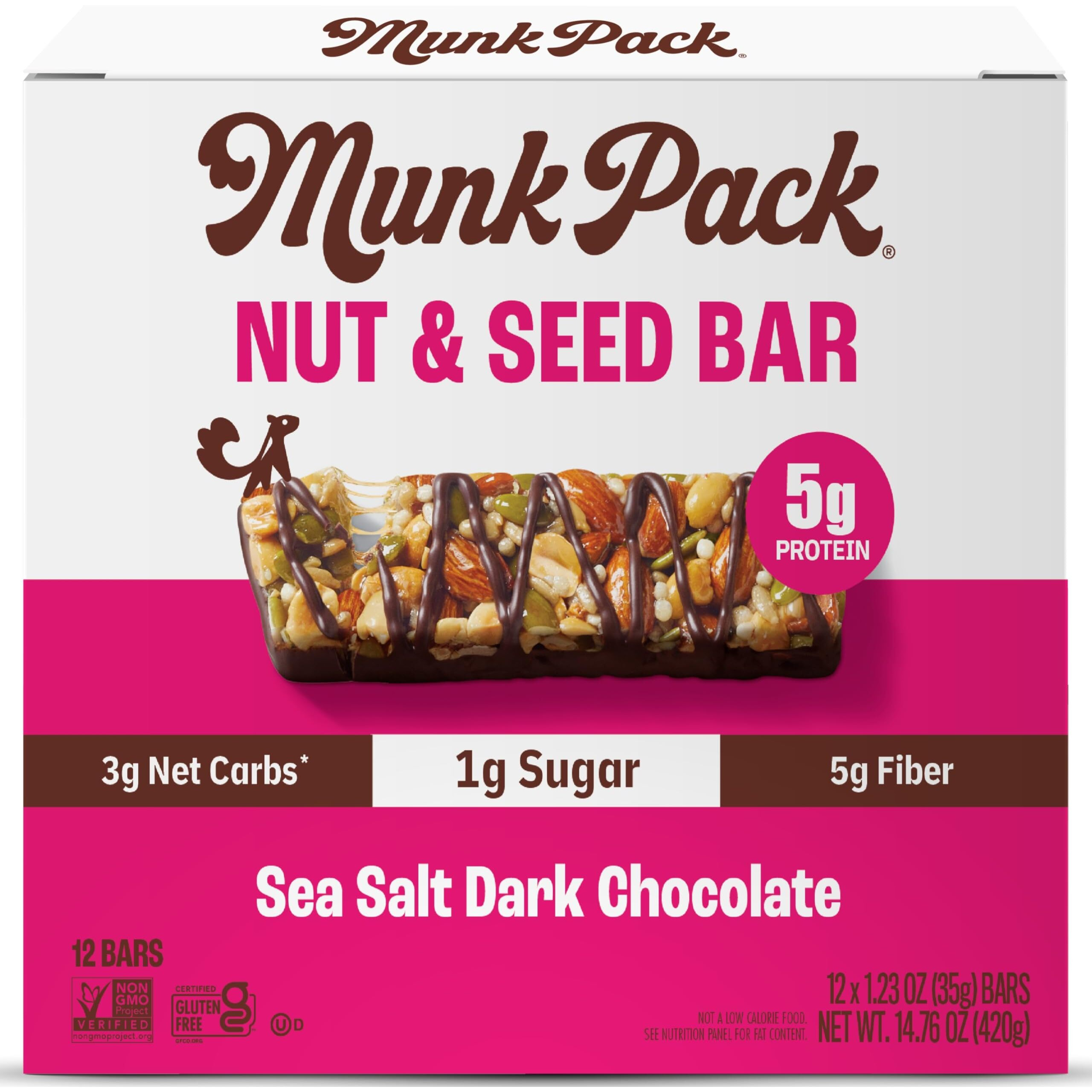 Munk Pack Keto Snack Bars, Sea Salt Dark Chocolate - Healthy Low Carb Nut Bar With 5G Protein, 1G Sugar With Allulose - Gluten Free & Low Glycemic - 12 Count