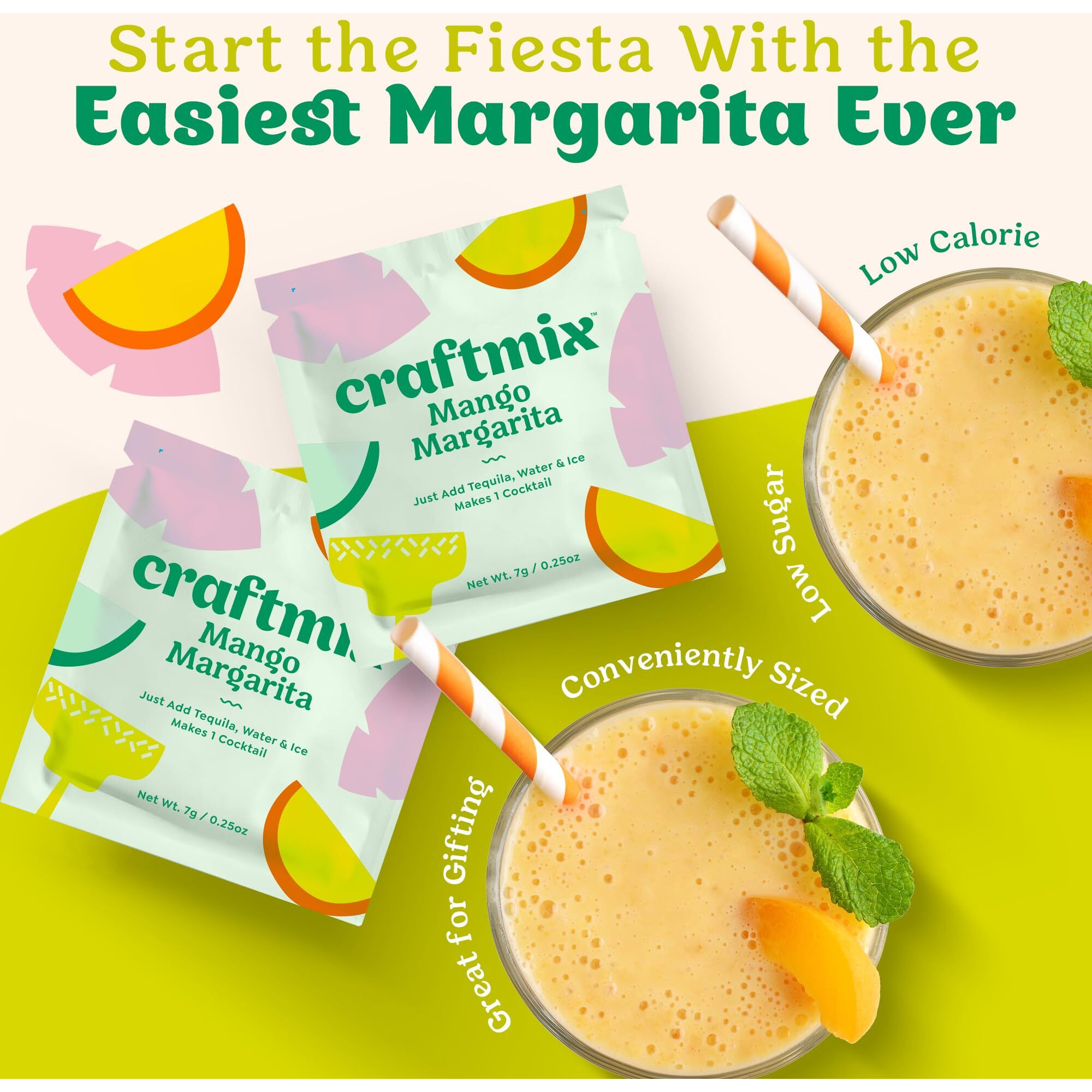 Craftmix Mango Margarita, Makes 24 Drinks, Skinny Cocktail Mixers, Instant Mix Mocktail Kit, Real Fruit, Vegan Low-Carb Non-Gmo, Dairy Free, Gluten-Free, Easy To Mix