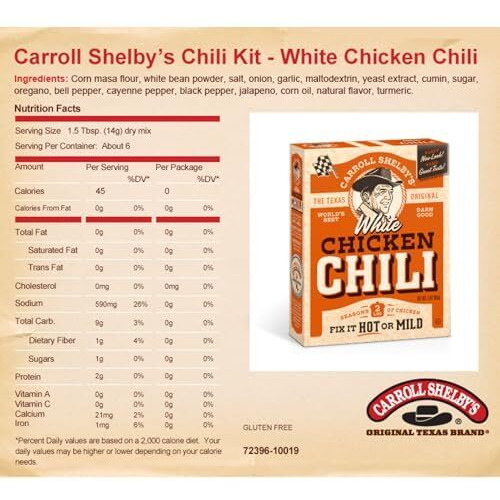 Carroll Shelby's Original Texas Brand White Chicken Chili Kit 3Oz Box (Pack Of 8)