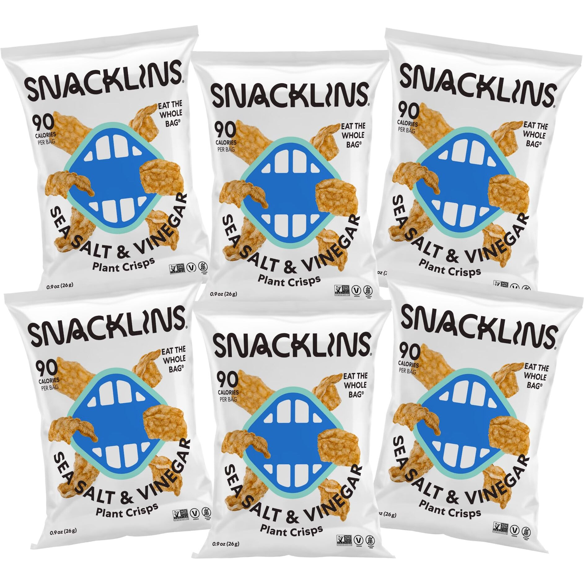 Snacklins Plant Based Crisps Sea Salt & Vinegar - Gluten Free, Grain Free, 100% Kosher, Vegan Healthy Snacks, Crunchy Puffed Snack, Only 100 Calories Per Bag - .9Oz Bag (Case Of 6)