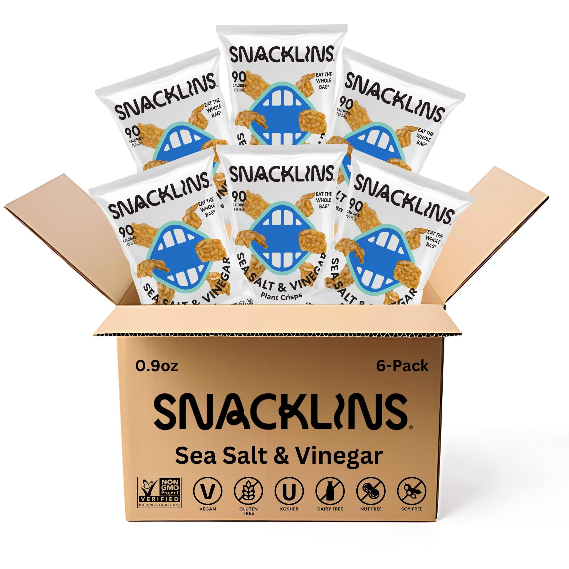 Snacklins Plant Based Crisps Sea Salt & Vinegar - Gluten Free, Grain Free, 100% Kosher, Vegan Healthy Snacks, Crunchy Puffed Snack, Only 100 Calories Per Bag - .9Oz Bag (Case Of 6)