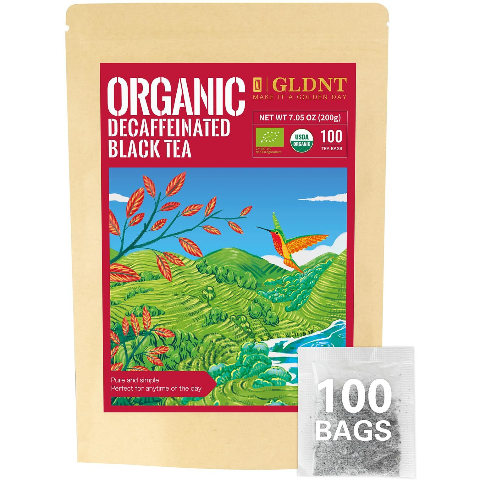 Gldnt Organic Decaf Black Tea Bags, Organic Black Tea Decaffeinated, Smooth Taste, Iced & Hot Tea, 100 Count