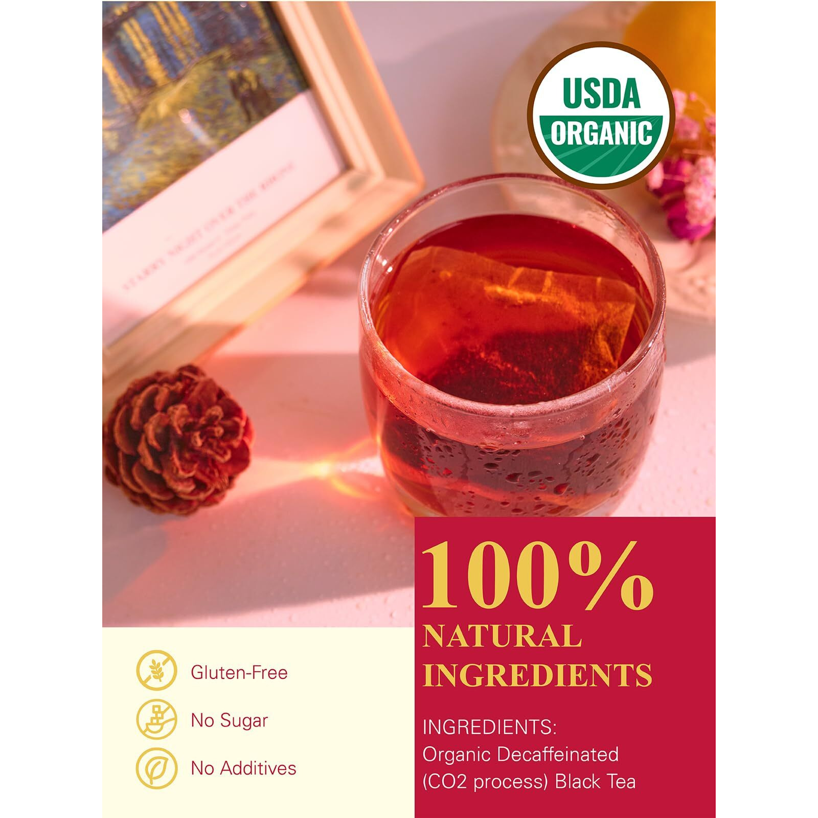 Gldnt Organic Decaf Black Tea Bags, Organic Black Tea Decaffeinated, Smooth Taste, Iced & Hot Tea, 100 Count