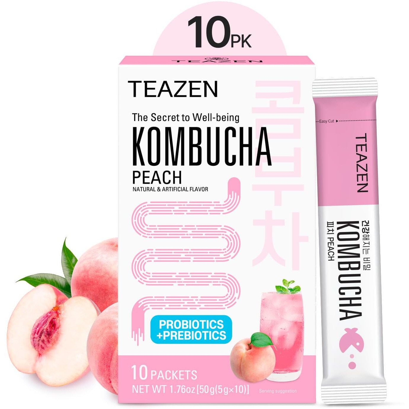 Teazen Peach Kombucha Tea, Hydration Drink Mix, Sugar Free, Live Probiotics & Prebiotics, 10 Sticks, 1.76Oz