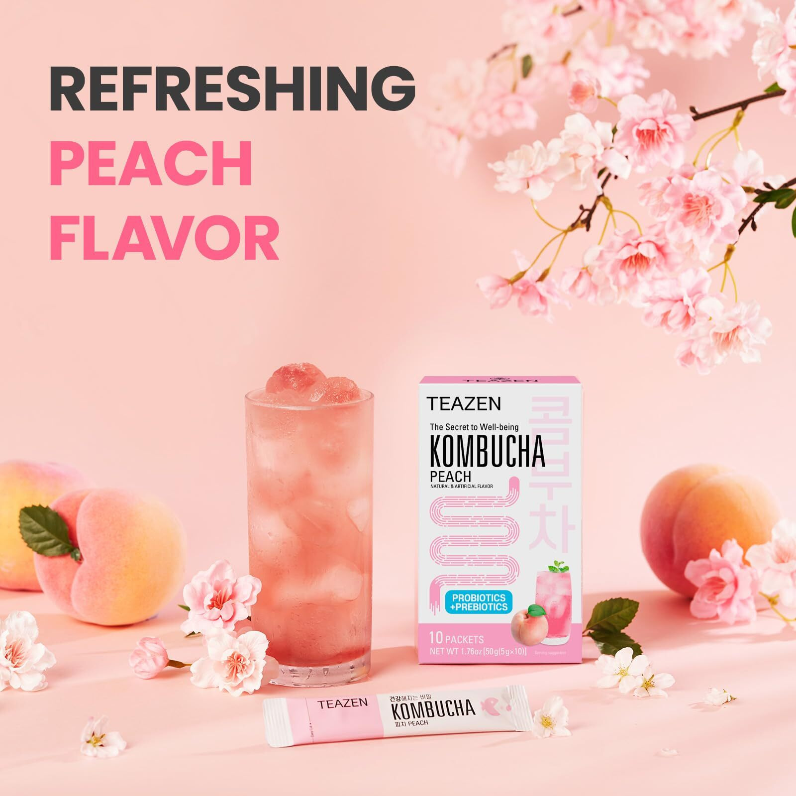 Teazen Peach Kombucha Tea, Hydration Drink Mix, Sugar Free, Live Probiotics & Prebiotics, 10 Sticks, 1.76Oz