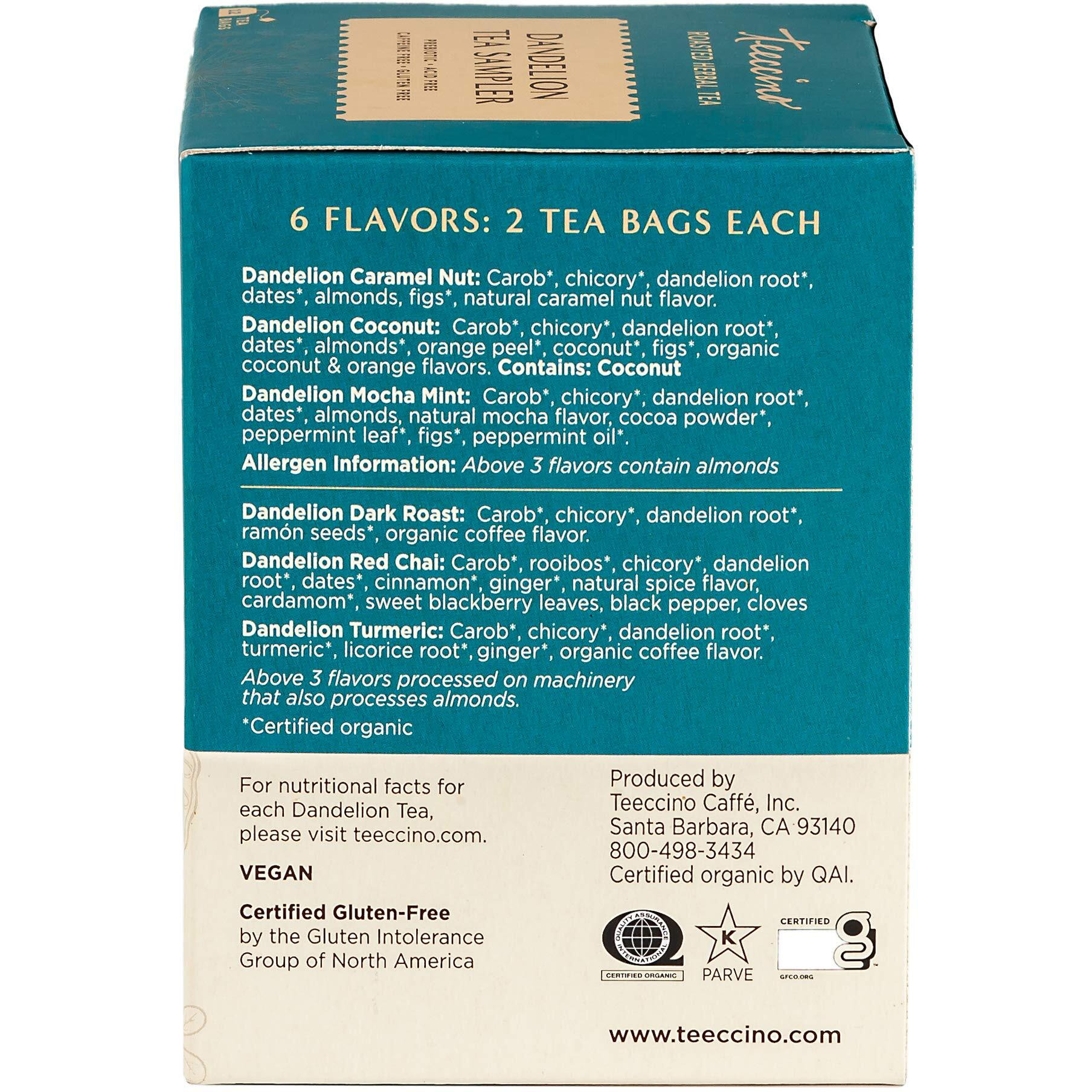 Teeccino Dandelion Tea Sampler - Caramel, Coconut, Dark Roast, Mocha Mint, Red Chai, Turmeric - Roasted Herbal Tea Thats Caffeine Free & Prebiotic With Detoxifying Dandelion, 12 Tea Bags
