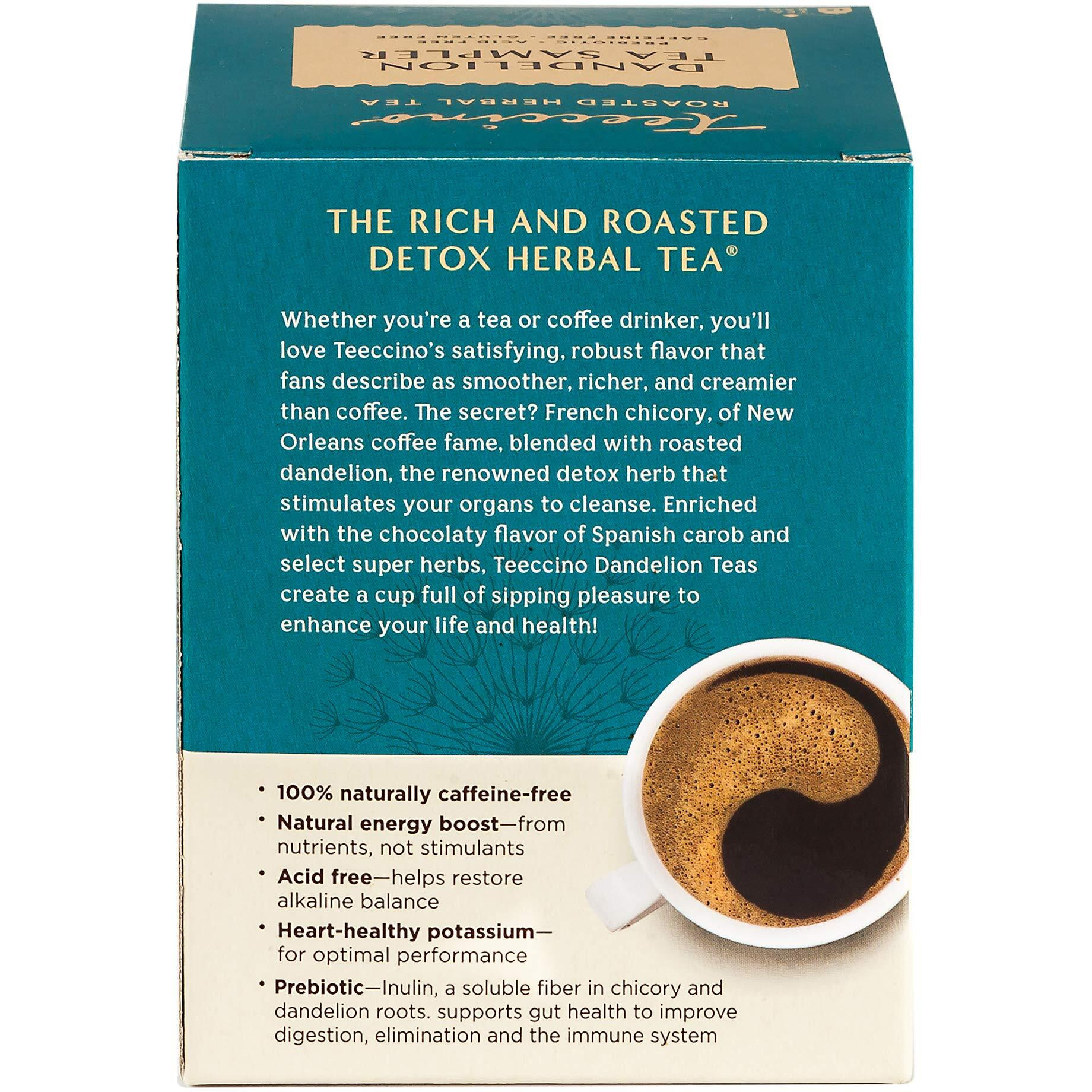 Teeccino Dandelion Tea Sampler - Caramel, Coconut, Dark Roast, Mocha Mint, Red Chai, Turmeric - Roasted Herbal Tea Thats Caffeine Free & Prebiotic With Detoxifying Dandelion, 12 Tea Bags