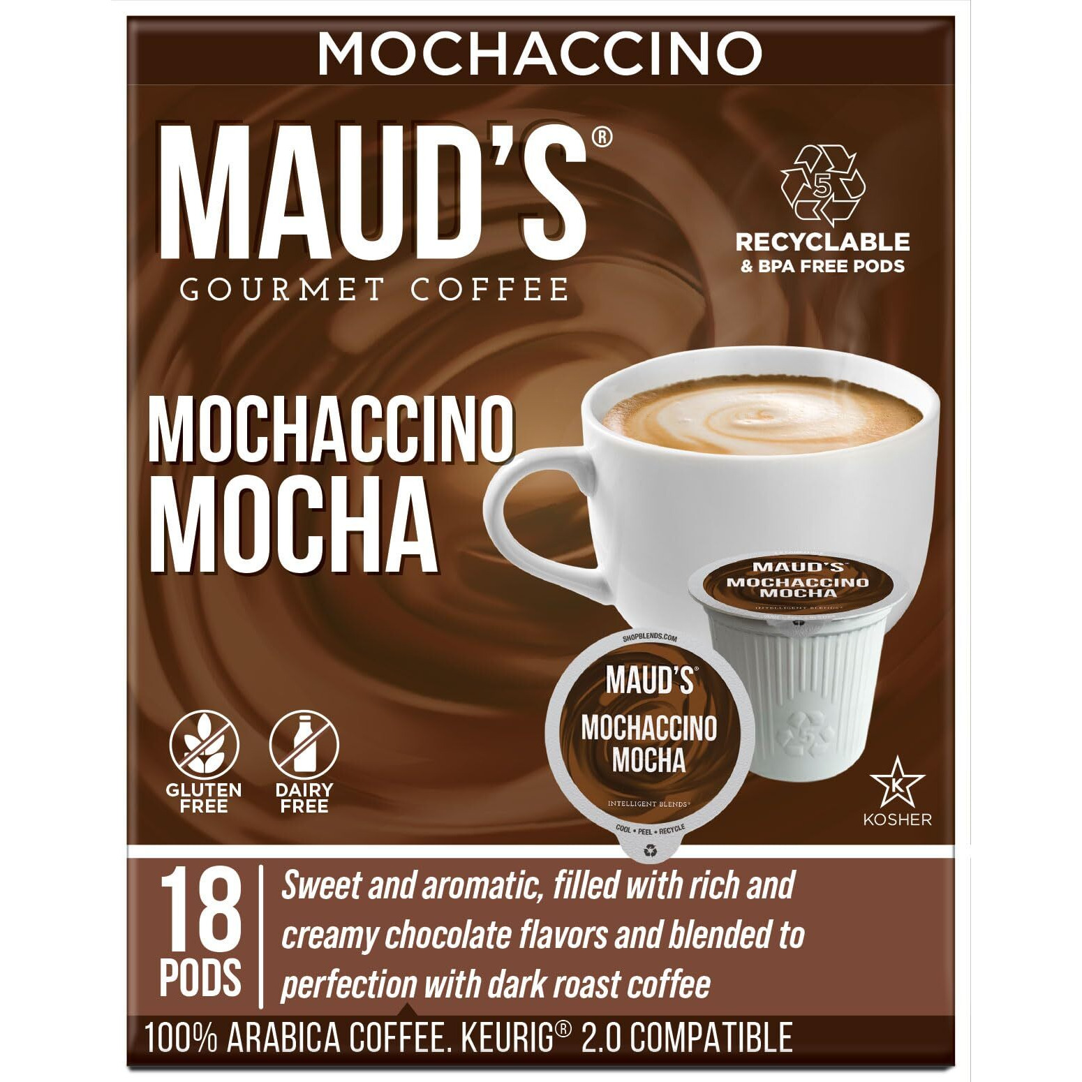 Maud's Chocolate Mocha Cappuccino Coffee Pods, 18 Ct | Mochaccino Mocha Flavor | 100% Arabica Coffee | Solar Energy Produced Recyclable Pods Compatible With Keurig K Cups Maker