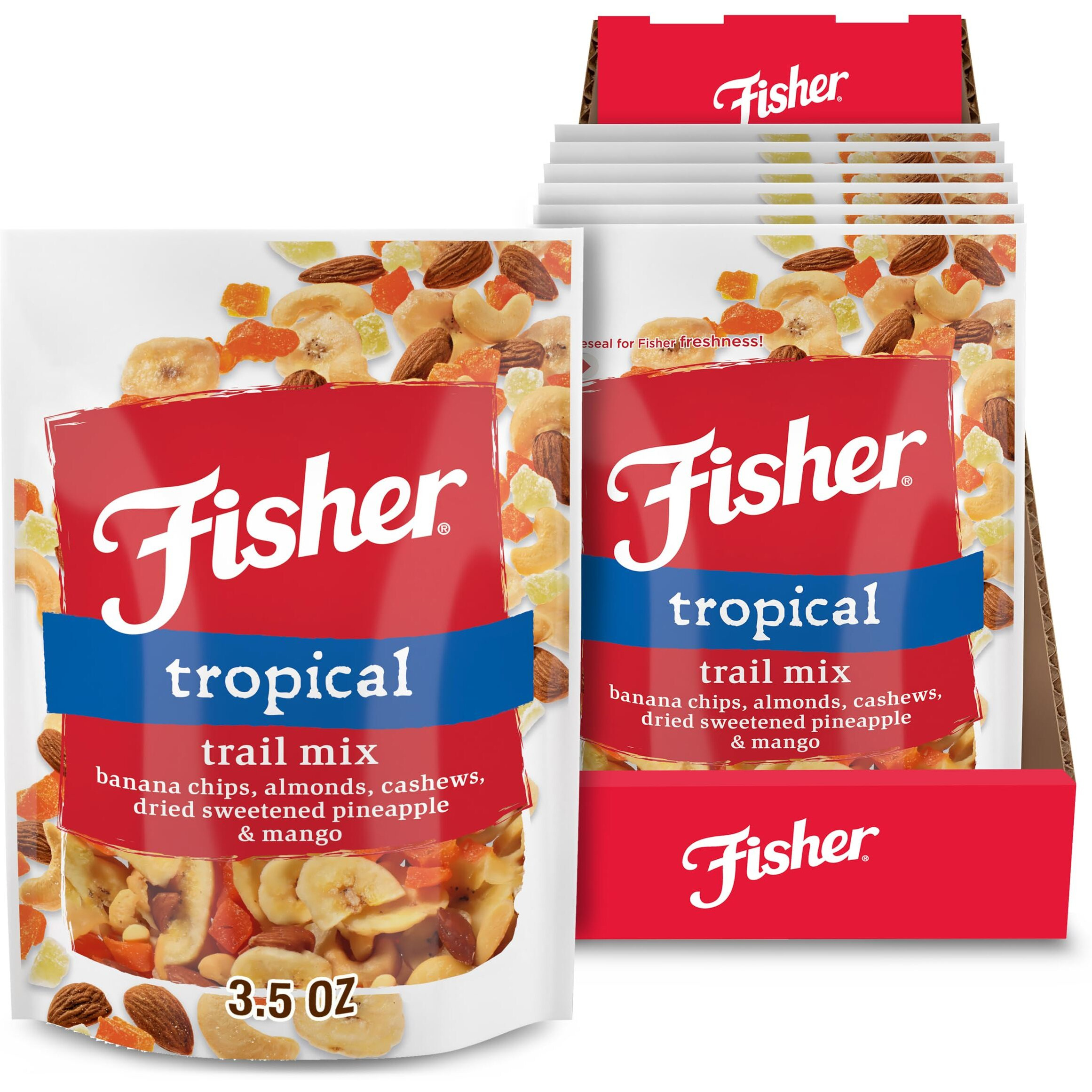 Fisher Snack Tropical Trail Mix, 3.5 Ounces (Pack Of 6), Banana Chips, Almonds, Cashews, Dried Sweetened Pineapple And Mango, Resealable Pouches