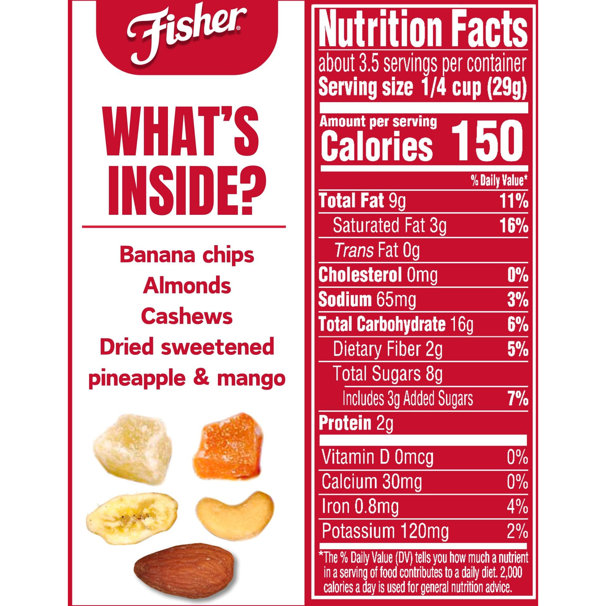Fisher Snack Tropical Trail Mix, 3.5 Ounces (Pack Of 6), Banana Chips, Almonds, Cashews, Dried Sweetened Pineapple And Mango, Resealable Pouches